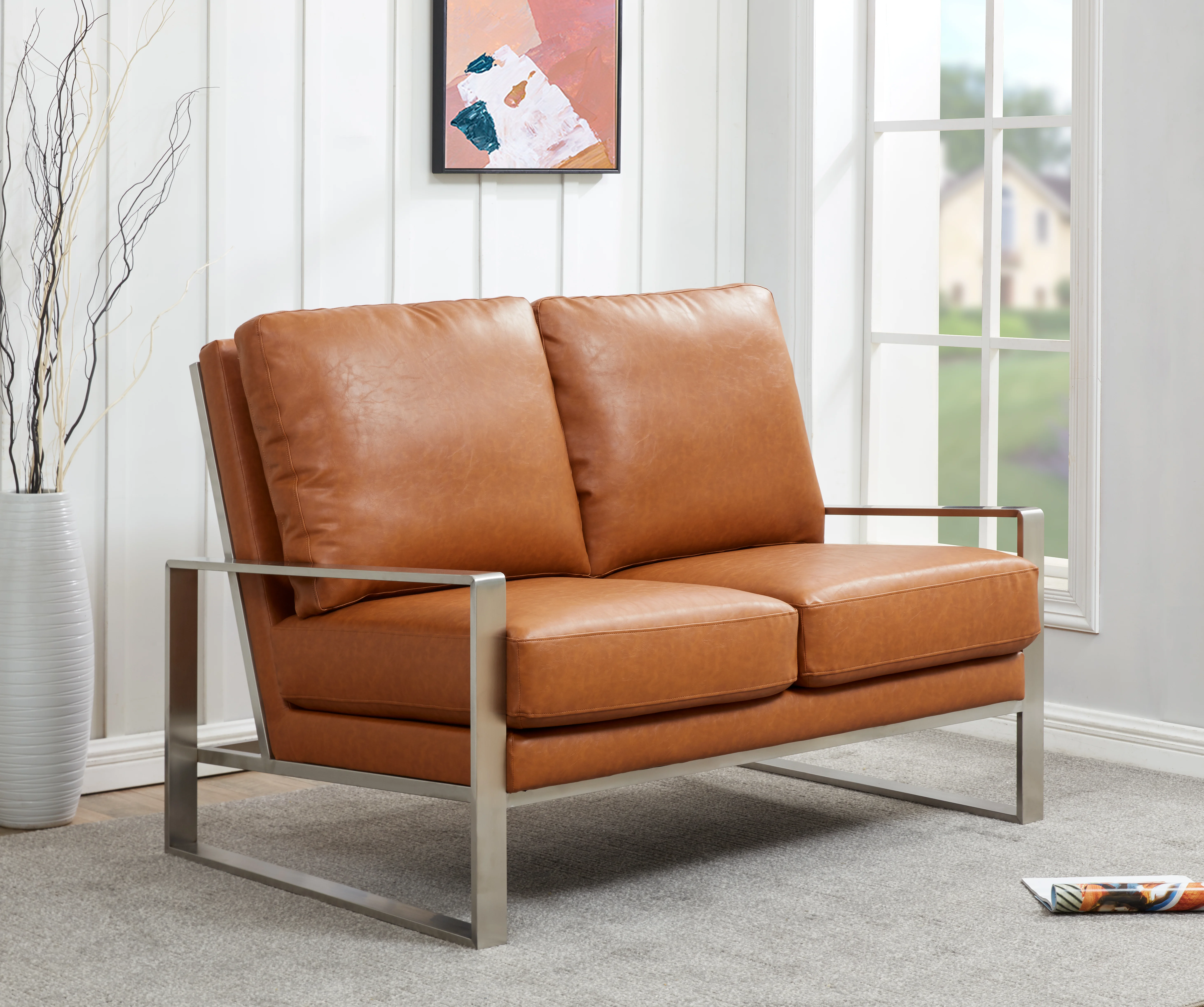 Jefferson Contemporary Modern Faux Leather Loveseat With Silver Frame