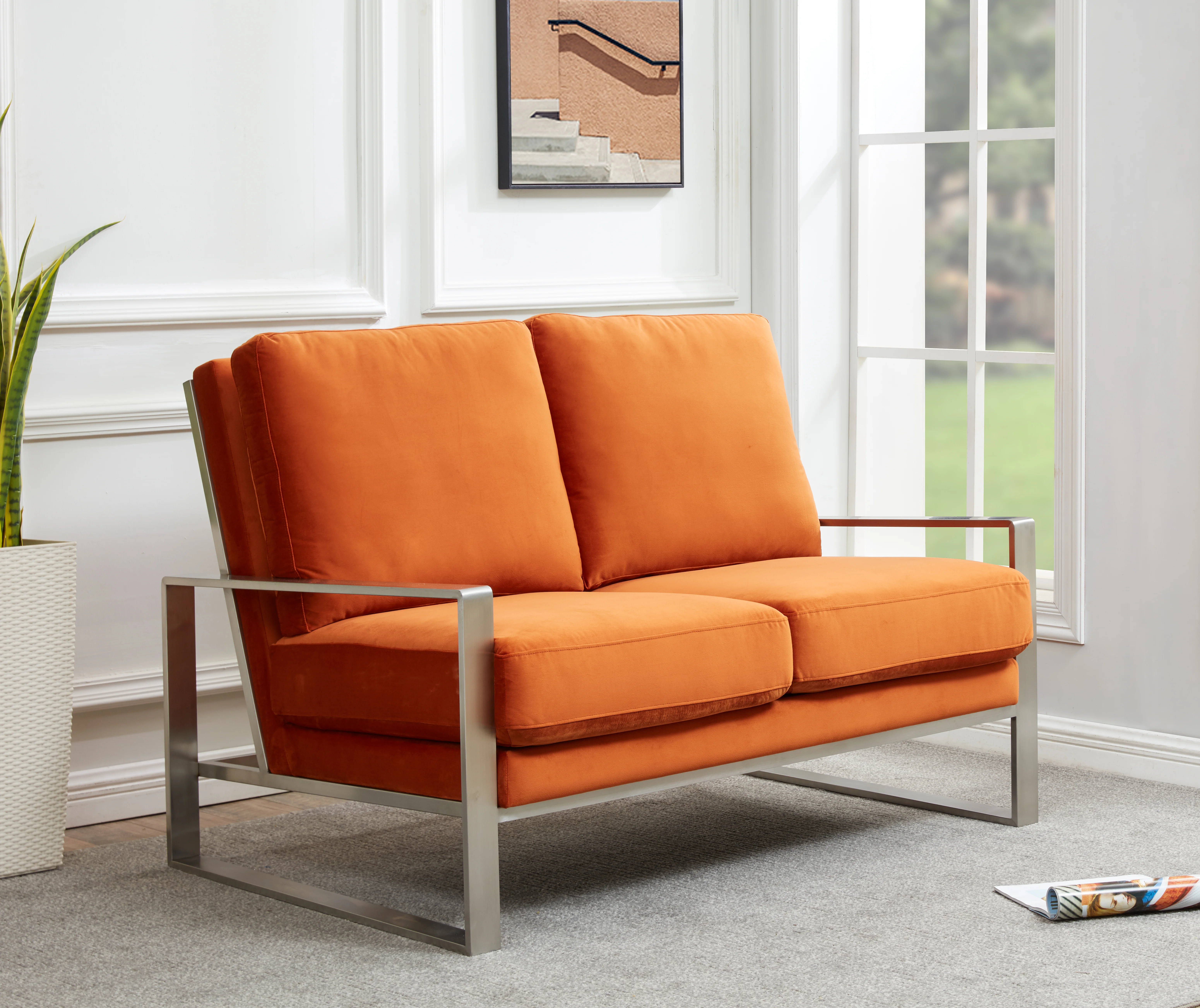 Jefferson Contemporary Modern Velvet Loveseat With Silver Frame