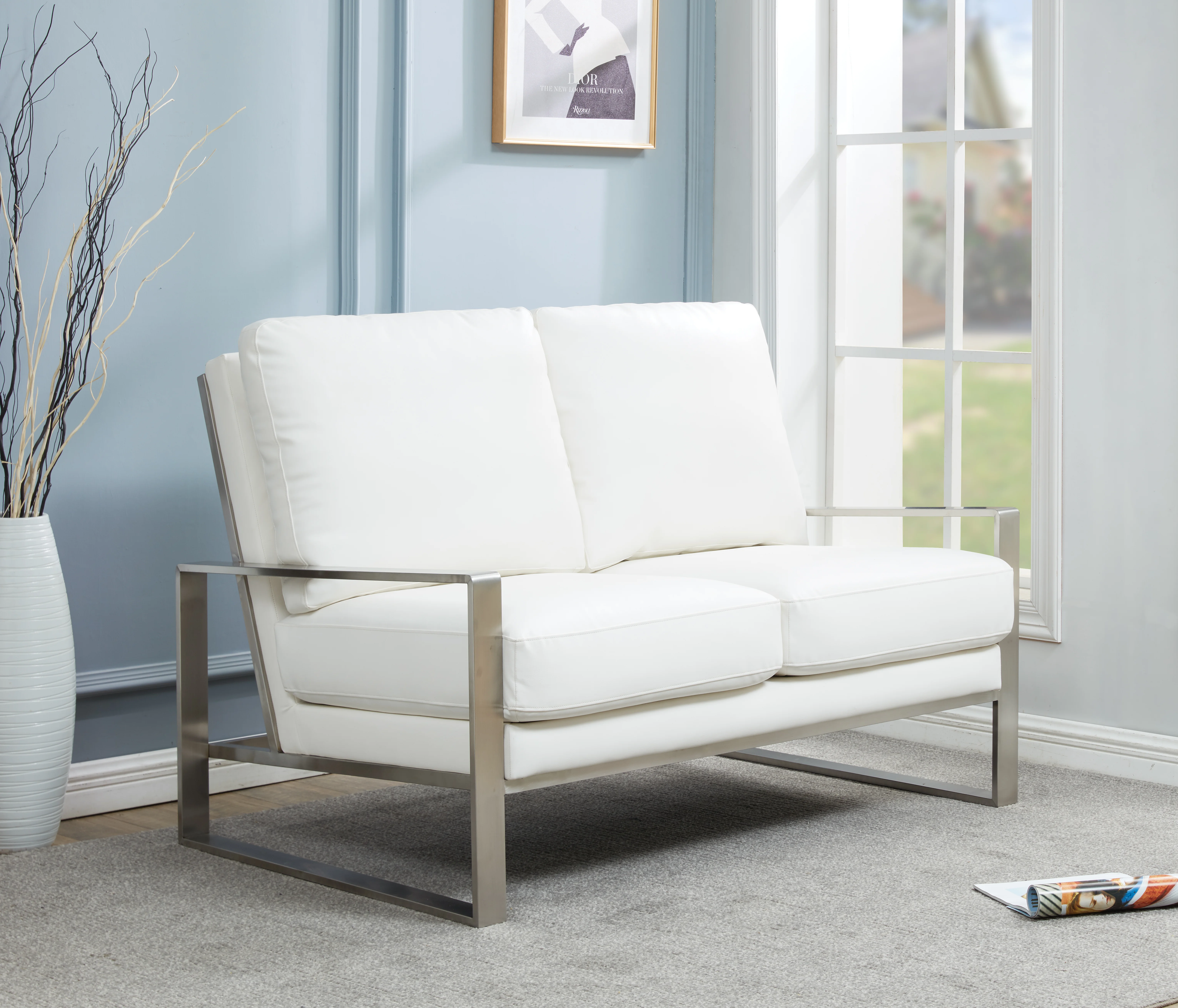 Jefferson Contemporary Modern Faux Leather Loveseat With Silver Frame