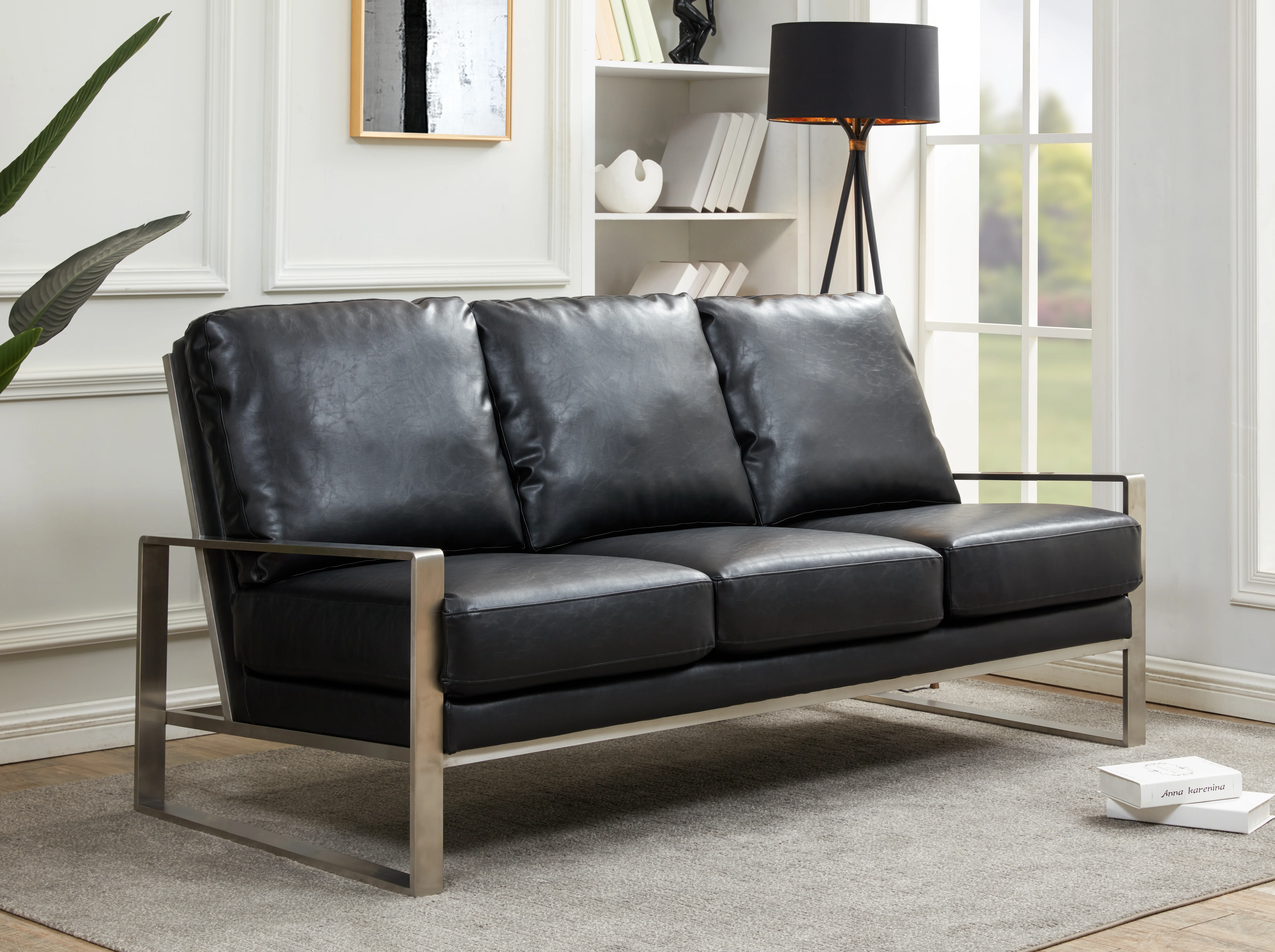 Jefferson Contemporary Modern Design Leather Sofa With Silver Frame