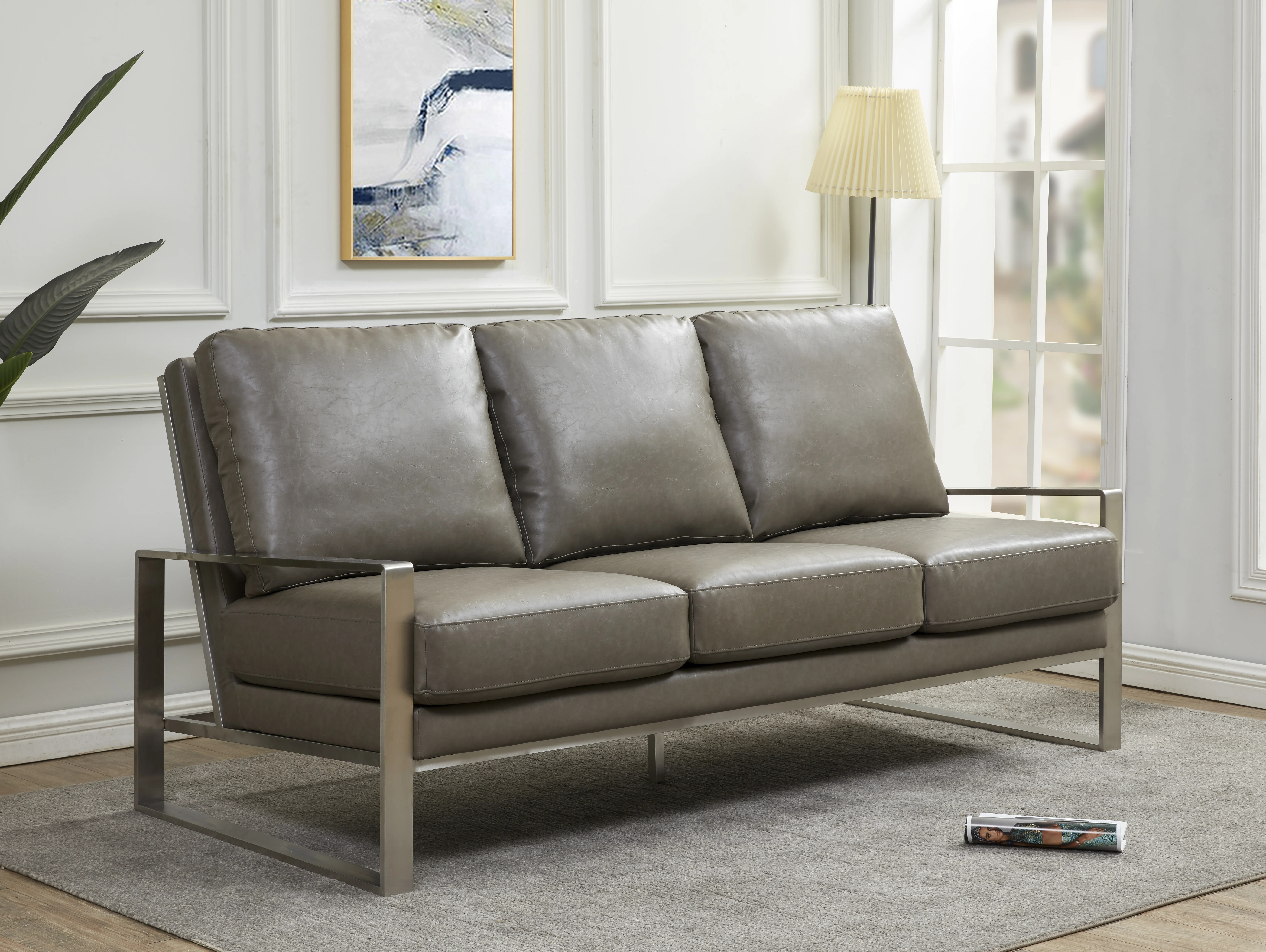 Jefferson Contemporary Modern Design Leather Sofa With Silver Frame