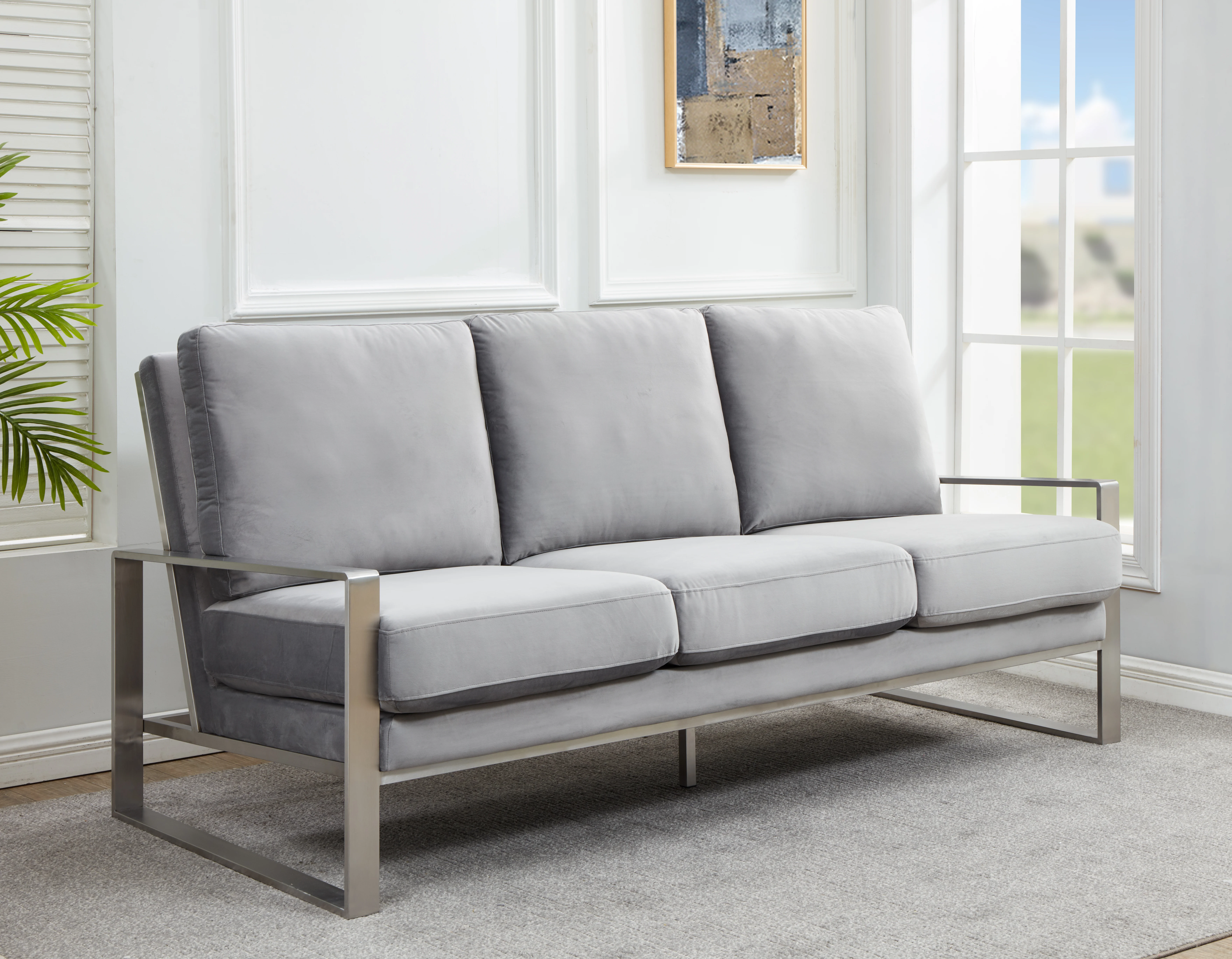 Jefferson Contemporary Modern Design Velvet Sofa With Silver Frame