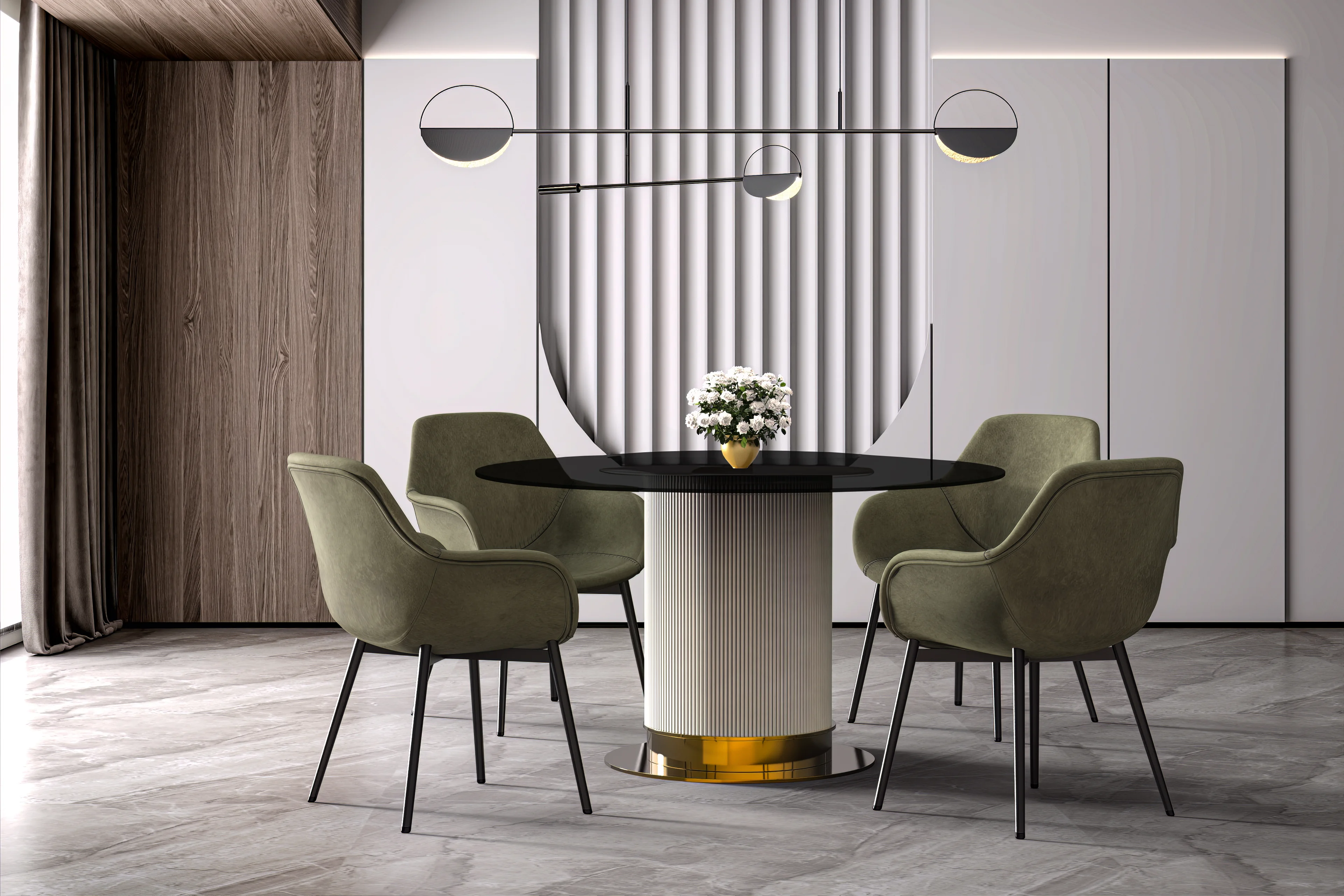 Jexis Series Round Dining Table White\Gold Base with 60 Round BLack Glass Top