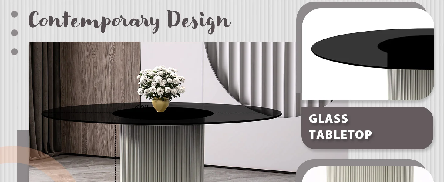 Jexis Series Round Dining Table White\Gold Base with 60 Round BLack Glass Top