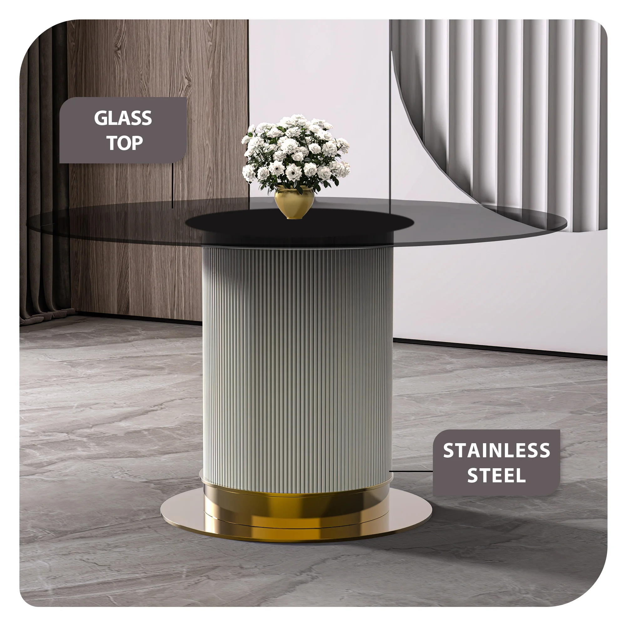 Jexis Series Round Dining Table White\Gold Base with 60 Round Clear Glass Top