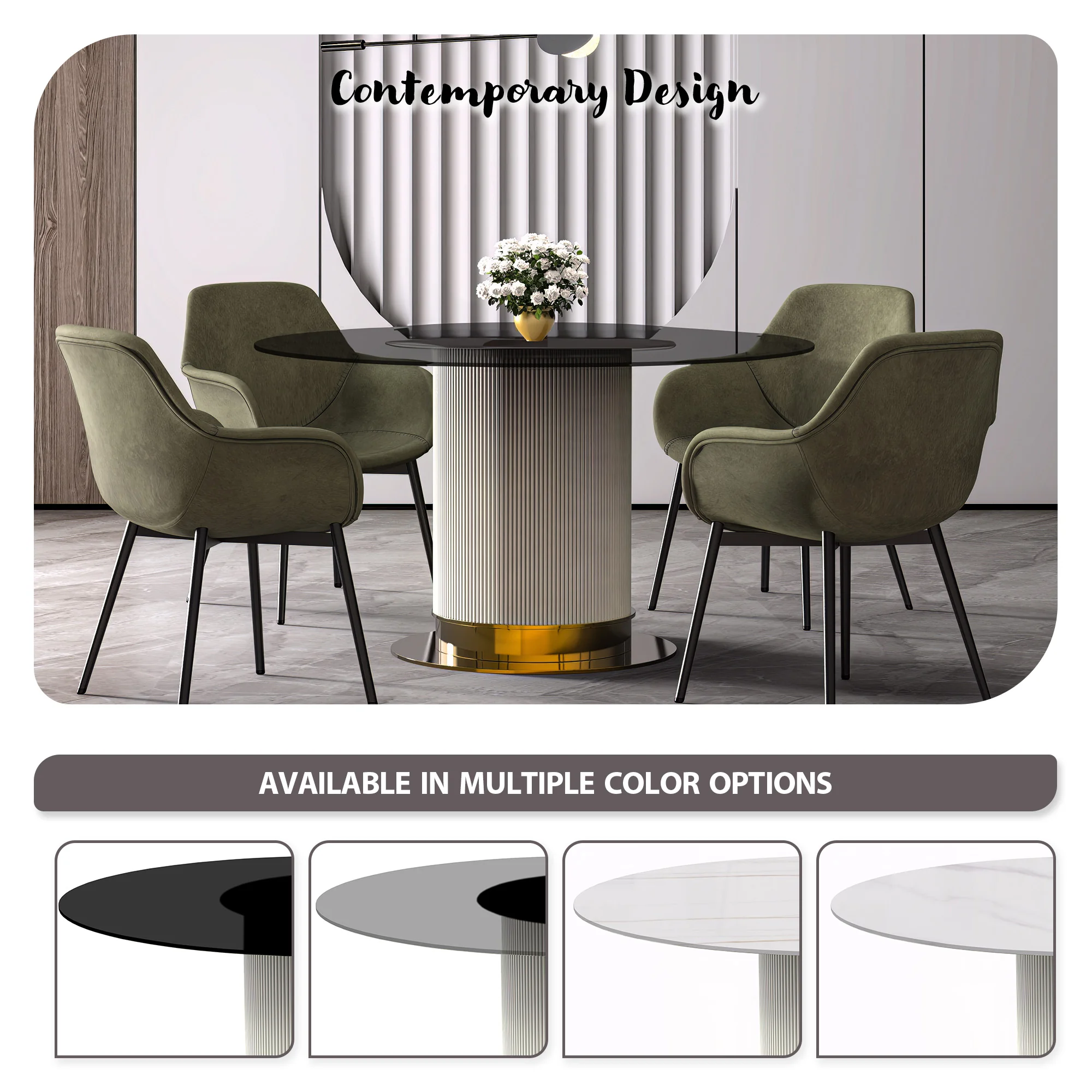 Jexis Series Round Dining Table White\Gold Base with 60 Round Clear Glass Top