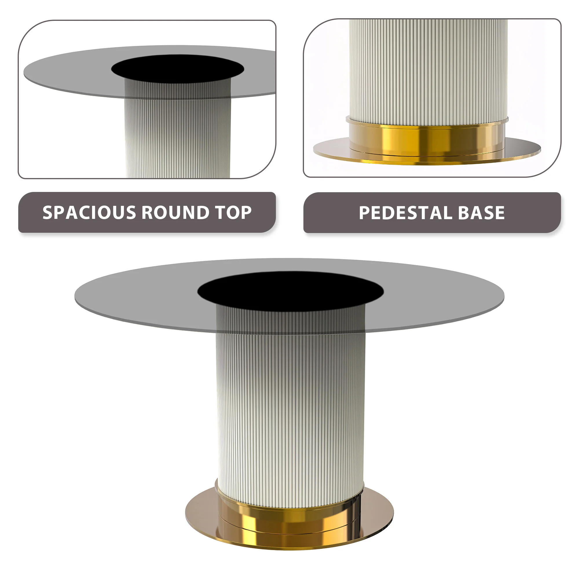 Jexis Series Round Dining Table White\Gold Base with 60 Round Clear Glass Top