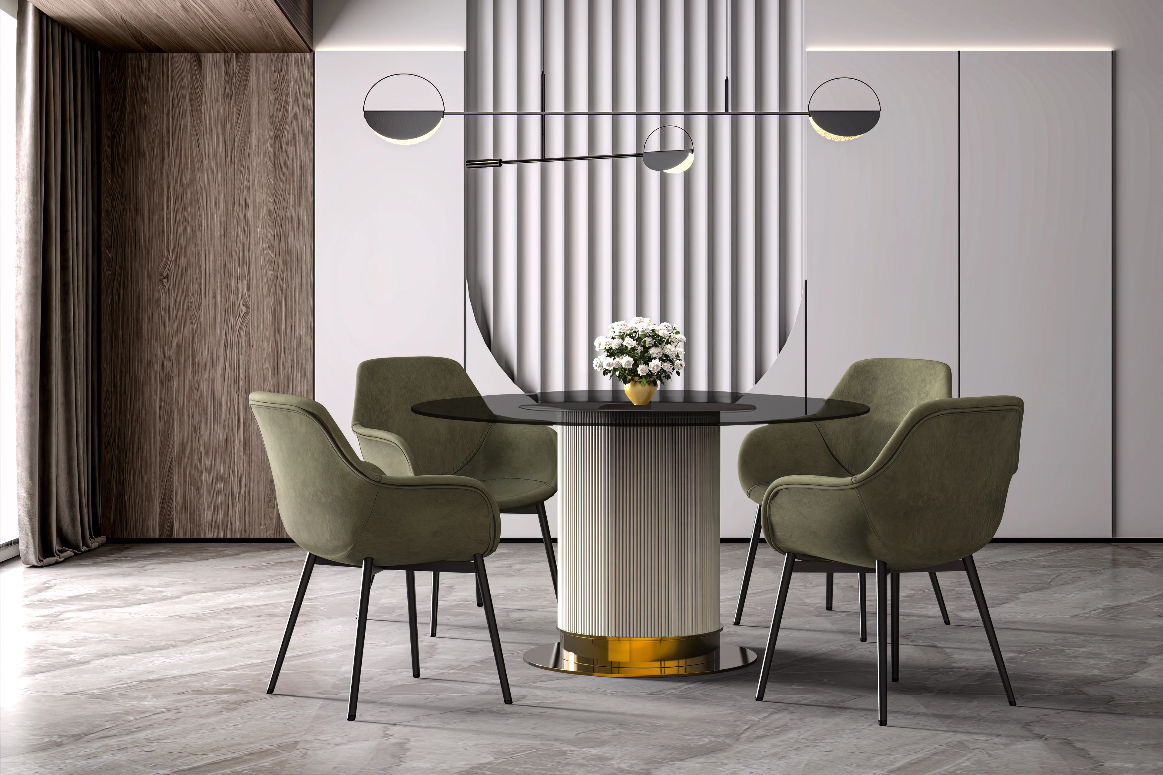 Jexis Series Round Dining Table White\Gold Base with 60 Round Clear Glass Top