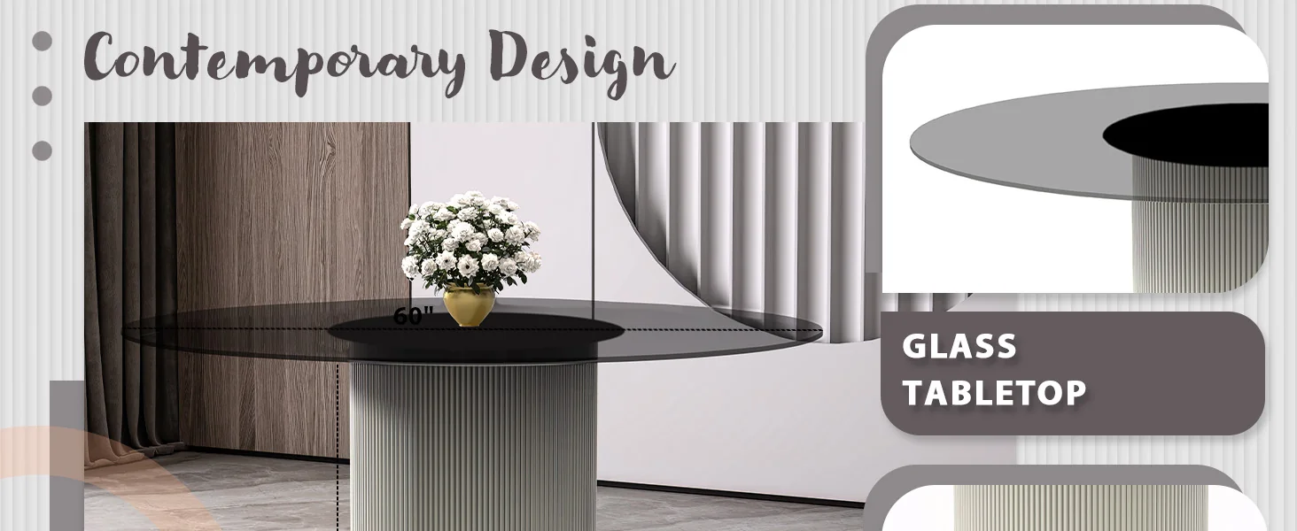 Jexis Series Round Dining Table White\Gold Base with 60 Round Clear Glass Top