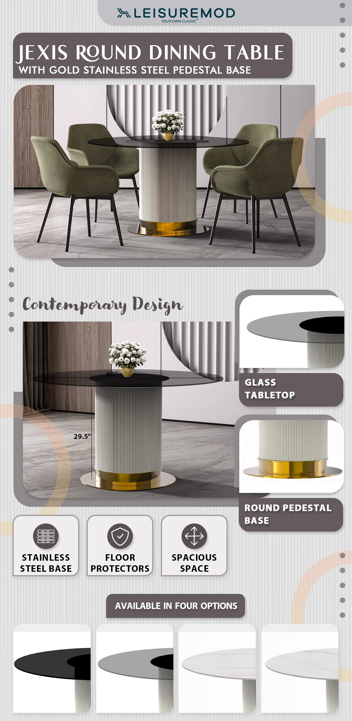 Jexis Series Round Dining Table White\Gold Base with 60 Round Clear Glass Top