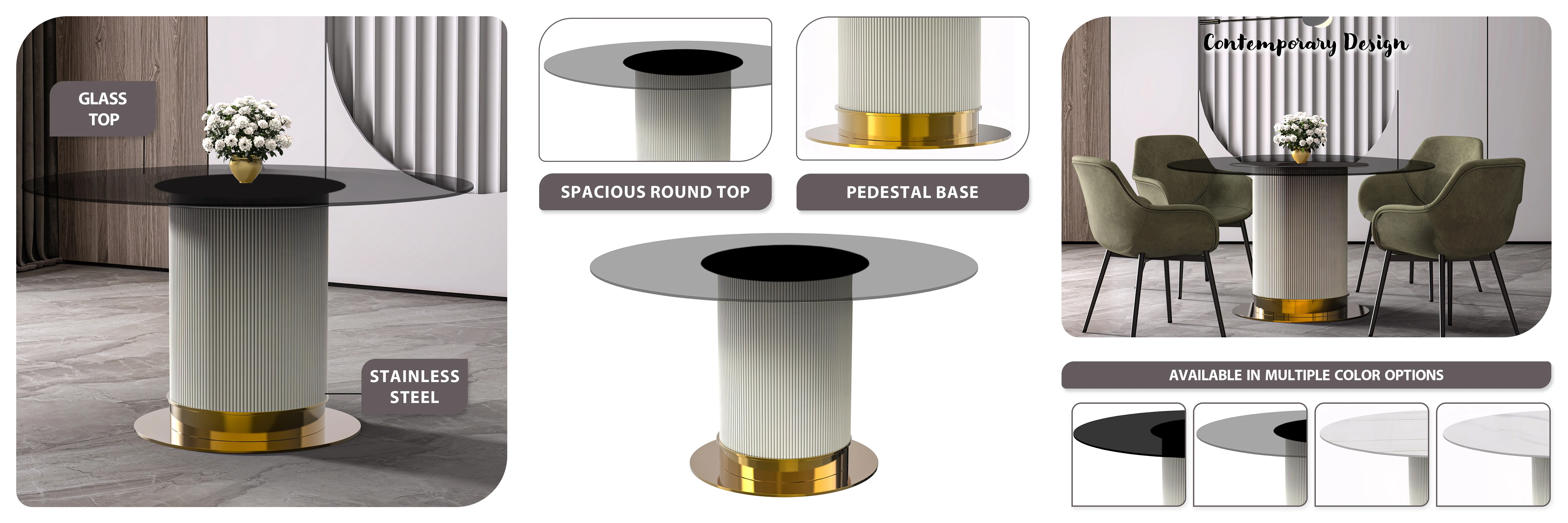 Jexis Series Round Dining Table White\Gold Base with 60 Round Clear Glass Top