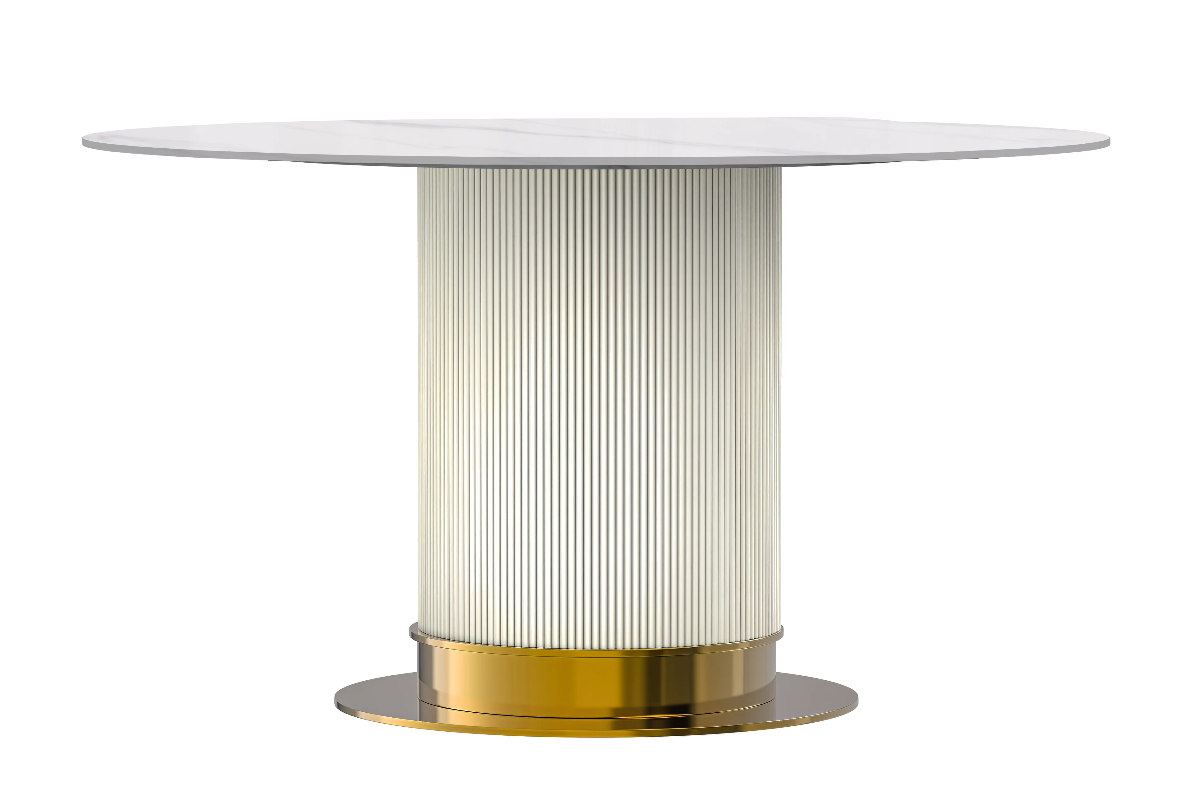 Jexis Series Round Dining Table White\Gold Base with 60 Round Solid White Sintered Stone Top