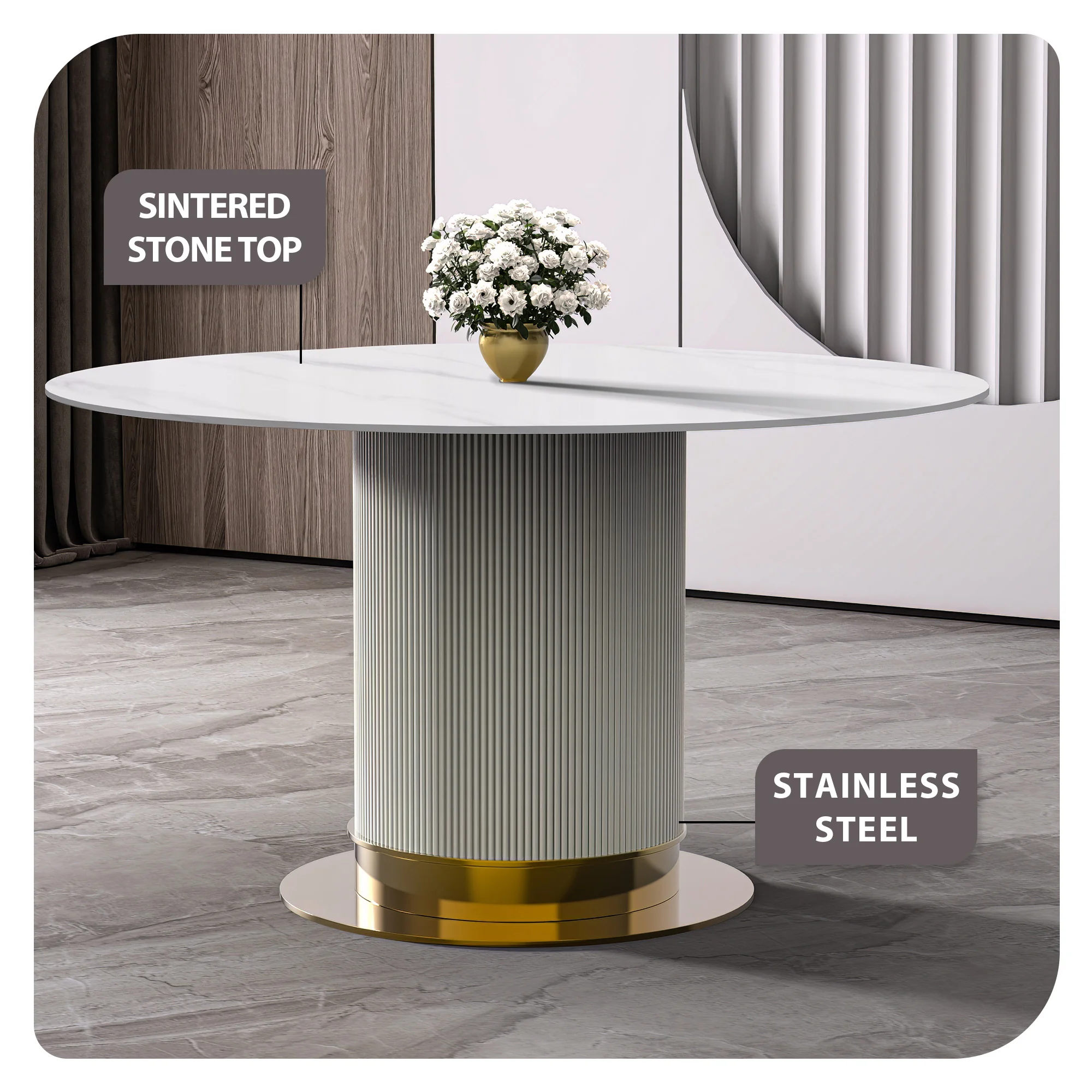 Jexis Series Round Dining Table White\Gold Base with 60 Round Solid White Sintered Stone Top