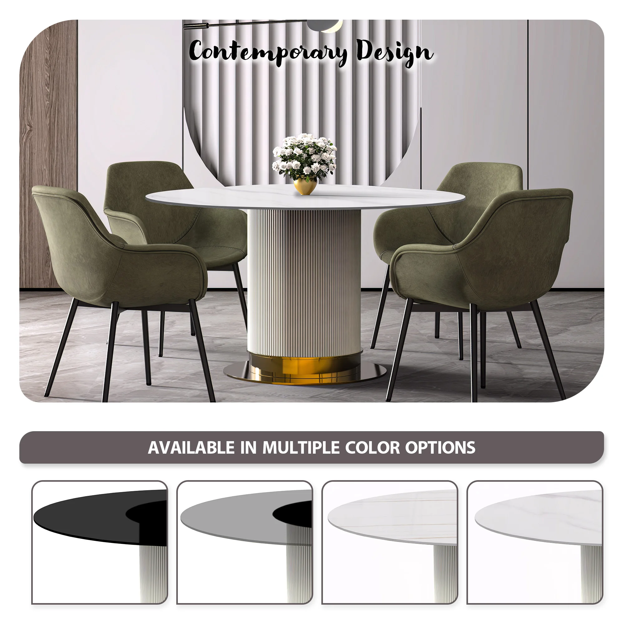 Jexis Series Round Dining Table White\Gold Base with 60 Round Solid White Sintered Stone Top