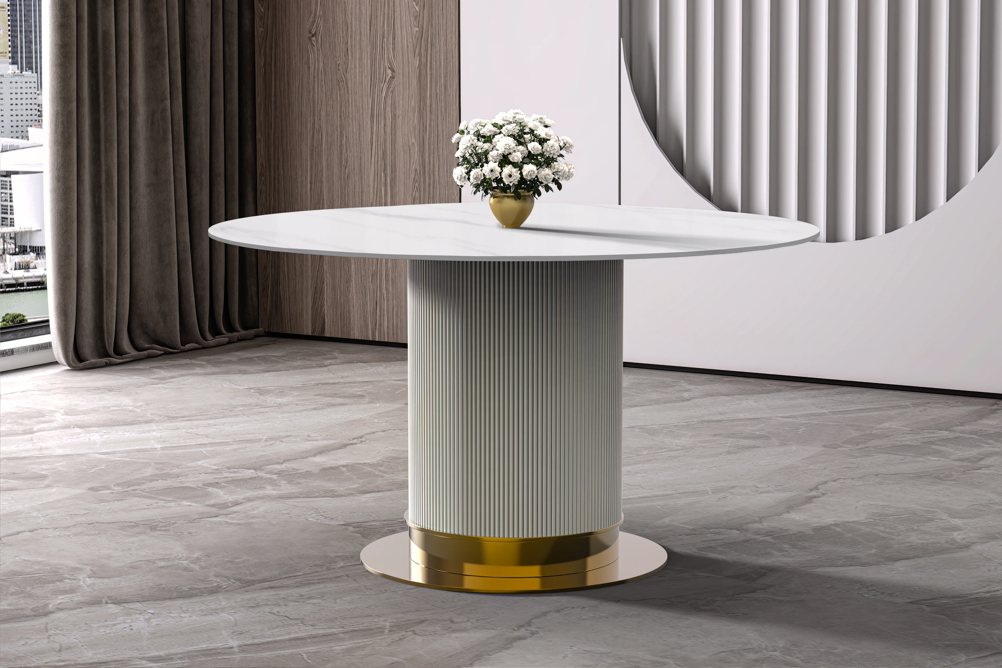 Jexis Series Round Dining Table White\Gold Base with 60 Round Solid White Sintered Stone Top