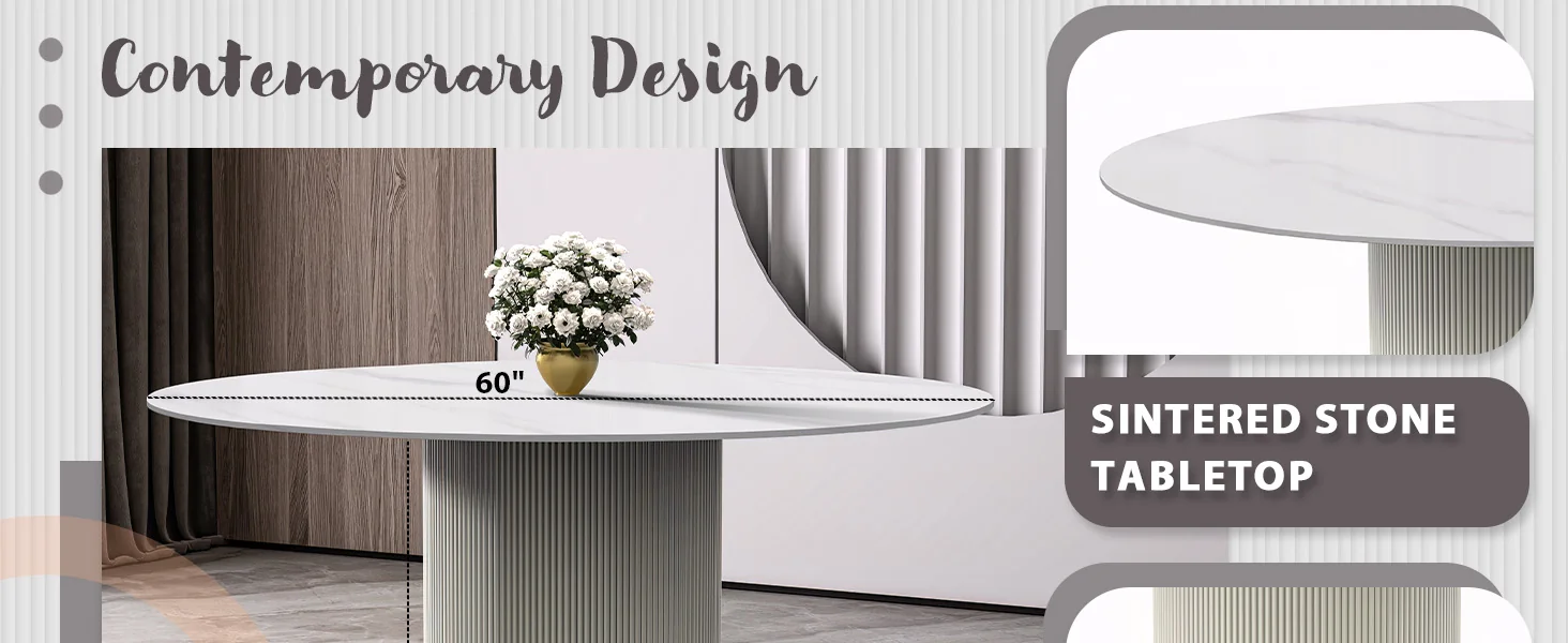 Jexis Series Round Dining Table White\Gold Base with 60 Round Solid White Sintered Stone Top