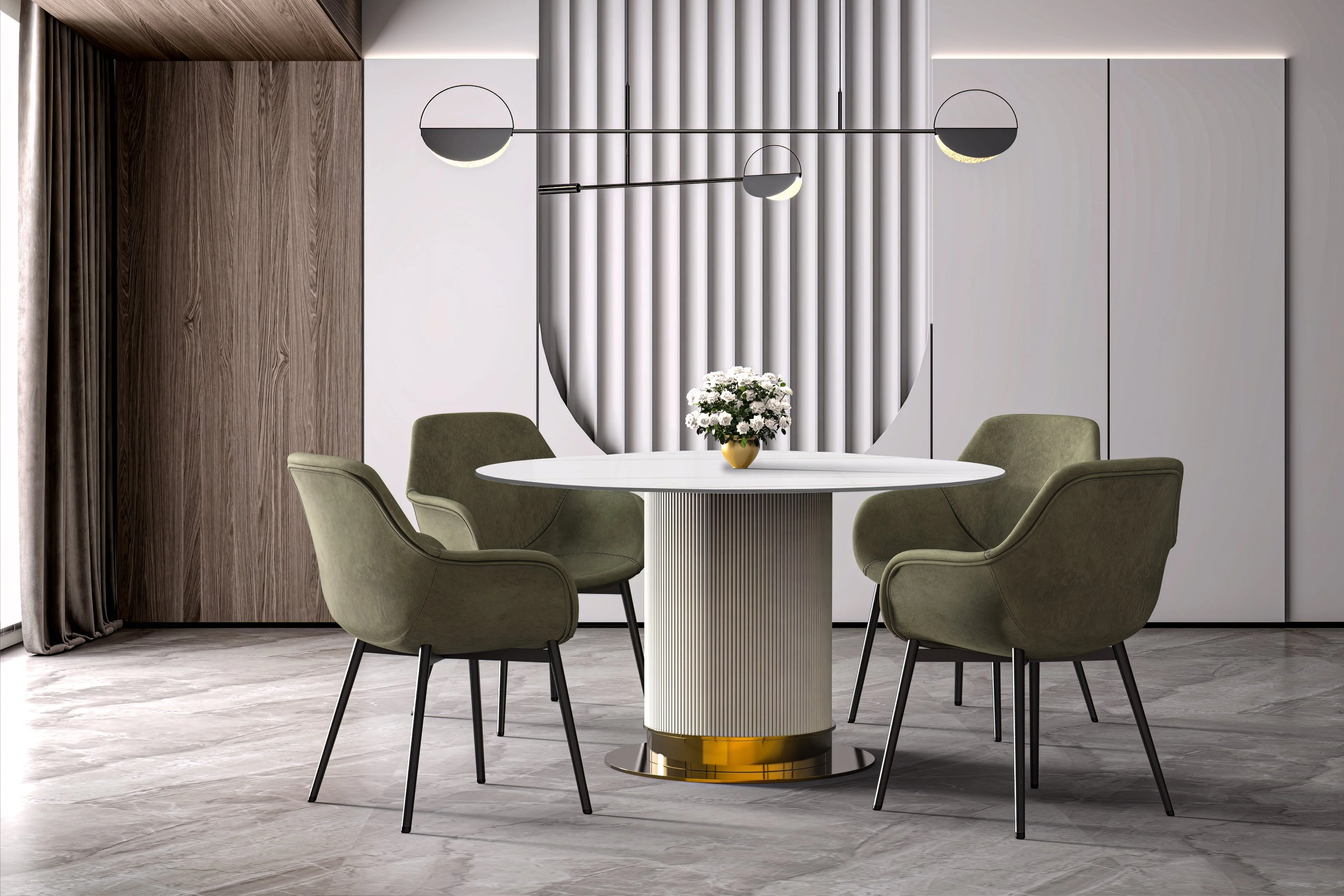 Jexis Series Round Dining Table White\Gold Base with 60 Round White/Gold Sintered Stone Top