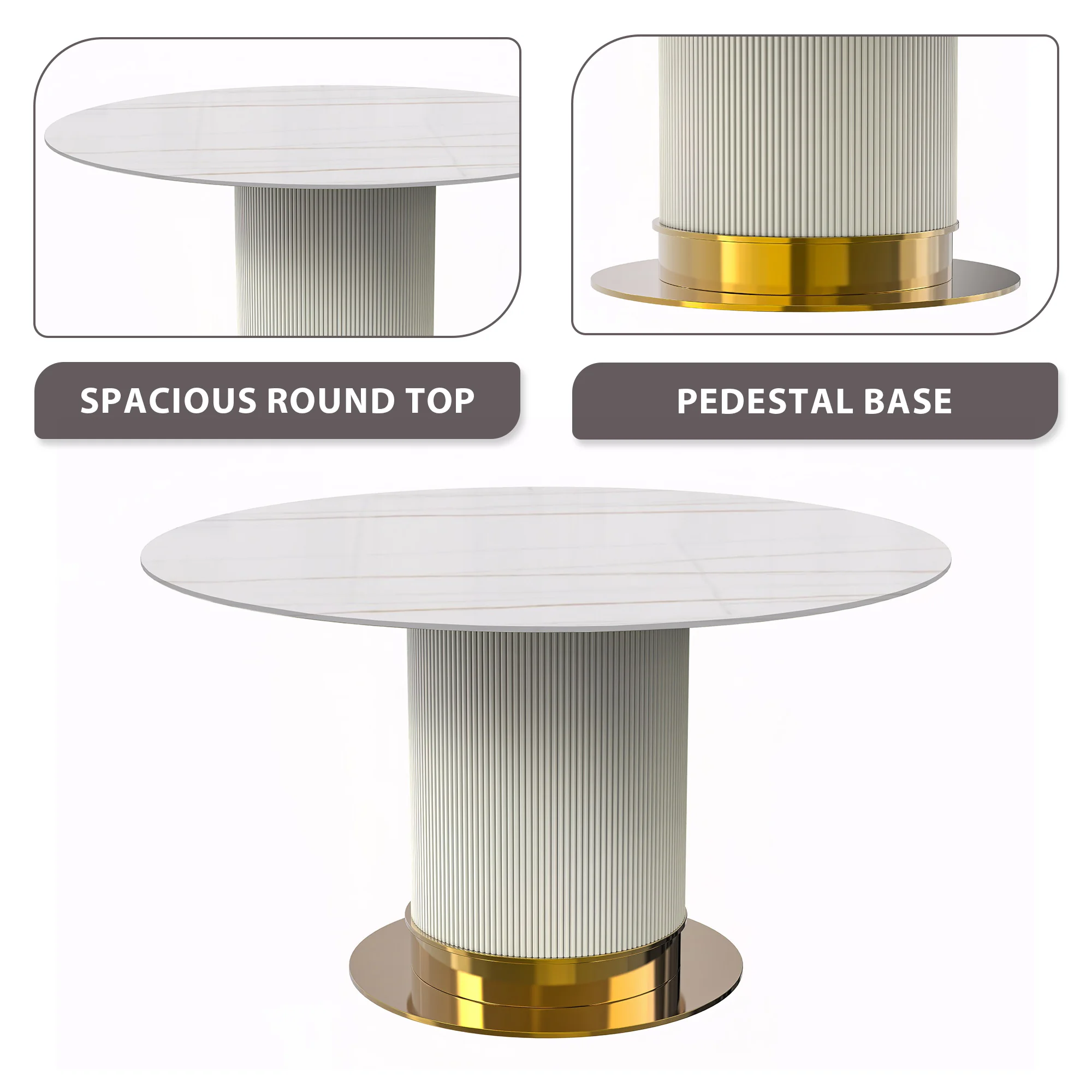 Jexis Series Round Dining Table White\Gold Base with 60 Round White/Gold Sintered Stone Top