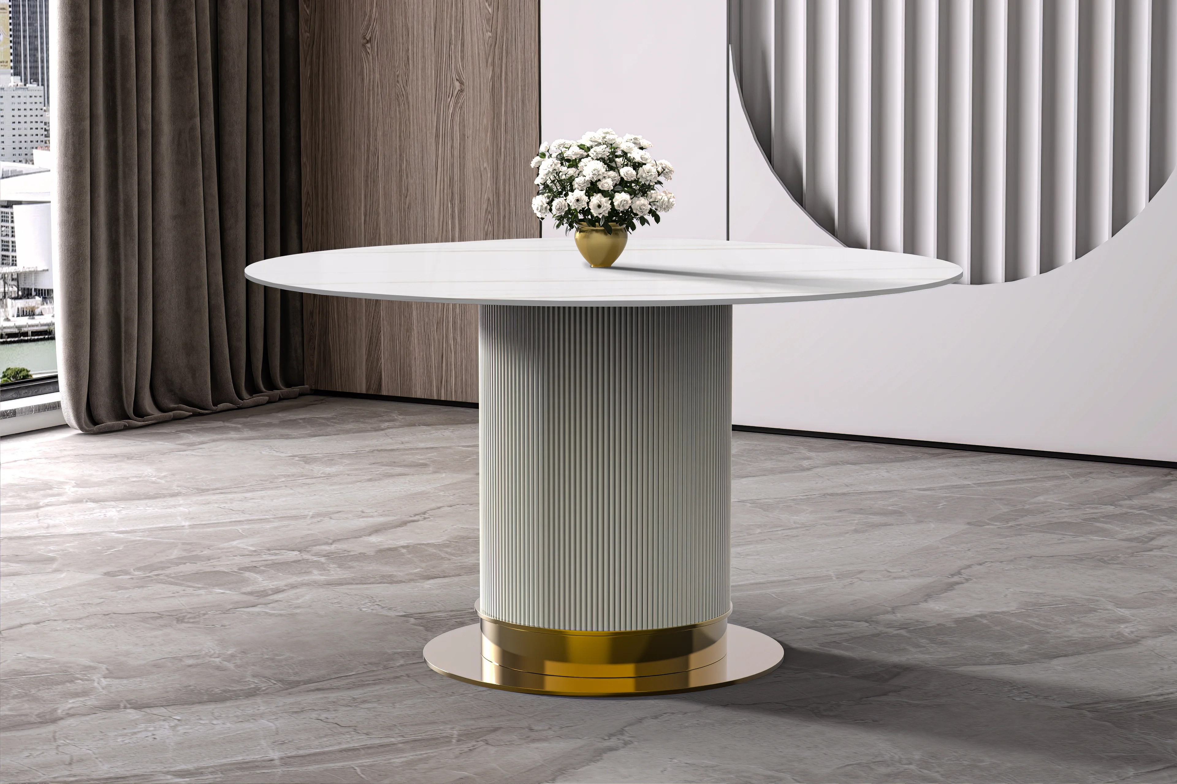 Jexis Series Round Dining Table White\Gold Base with 60 Round White/Gold Sintered Stone Top
