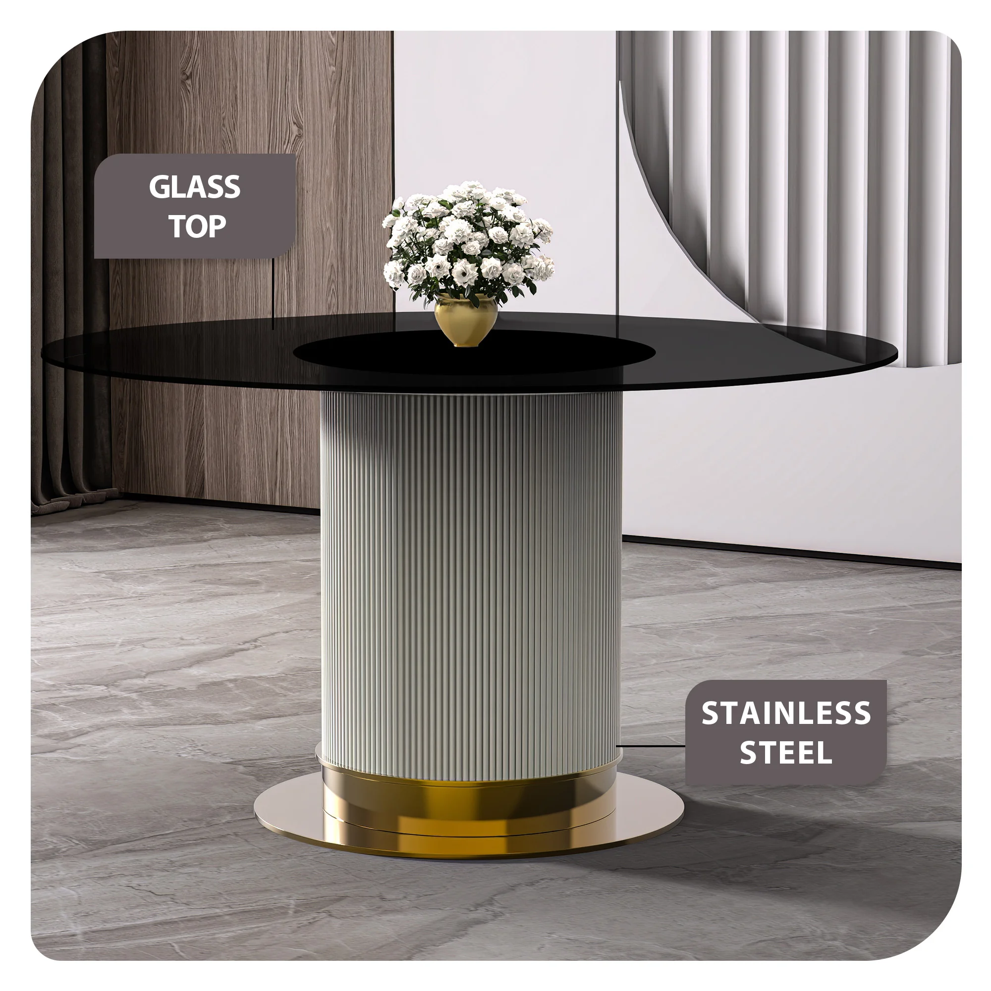 Jexis Series Round Dining Ta...Gold Base with 71" Round BLack Glass Top