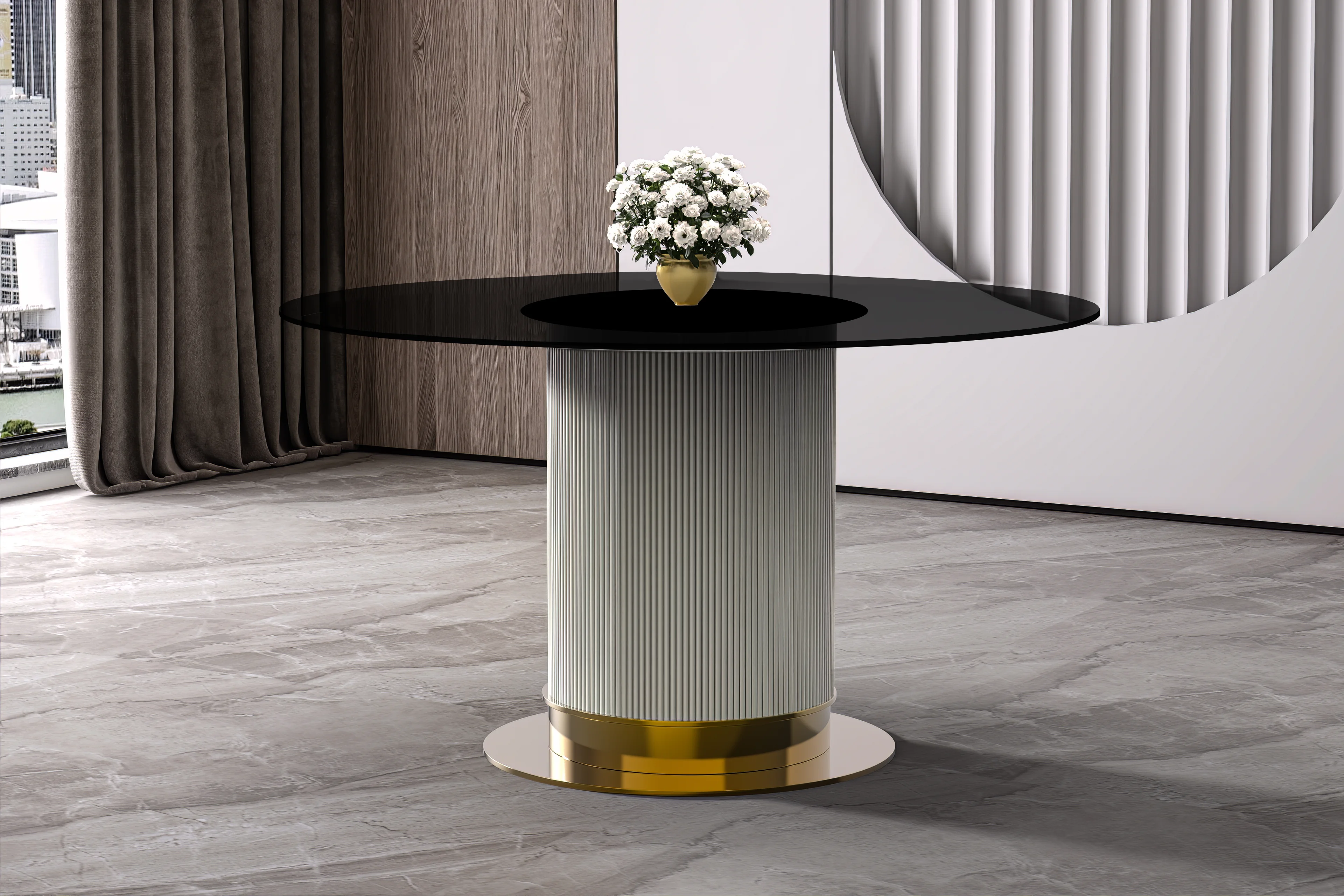 Jexis Series Round Dining Ta...Gold Base with 71" Round BLack Glass Top