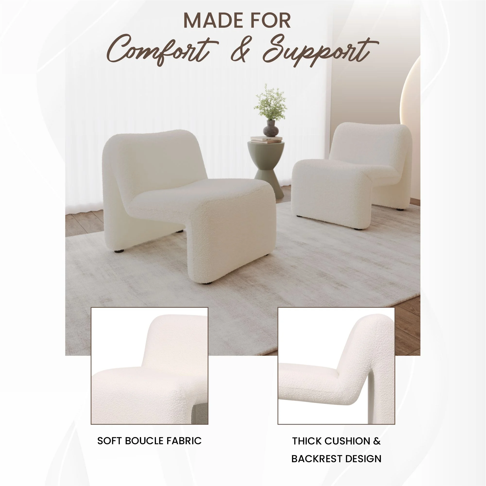 Klyx Collection Modern Accent Chair in White Boucle