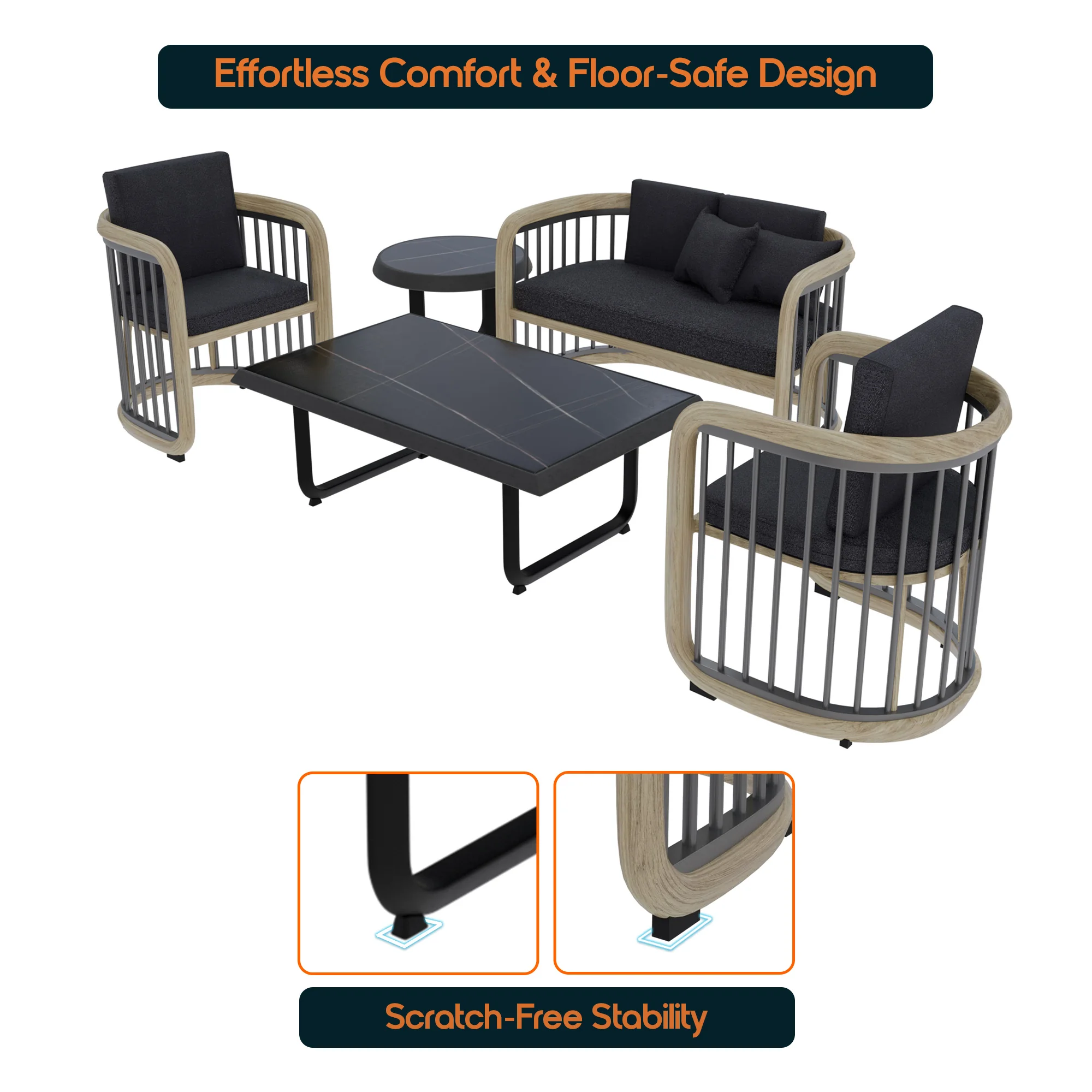 Klyra 5-Piece Aluminum Conversation Set with 2 accent chair, sofa, coffee table, side table in Grey