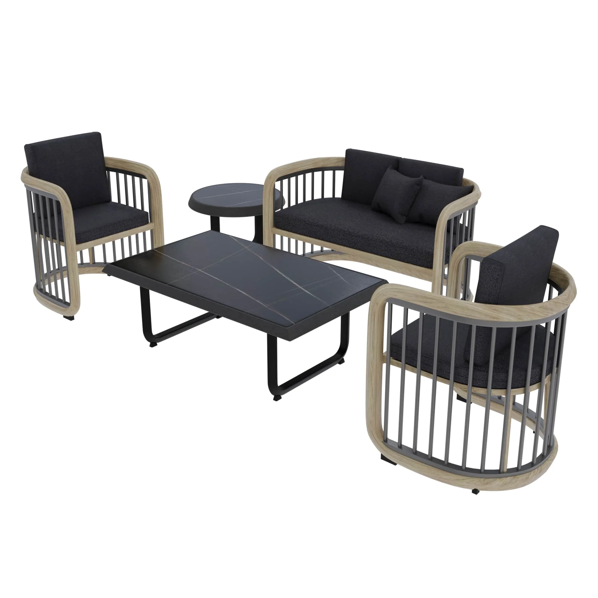 Klyra 5-Piece Aluminum Conversation Set with 2 accent chair, sofa, coffee table, side table in Grey