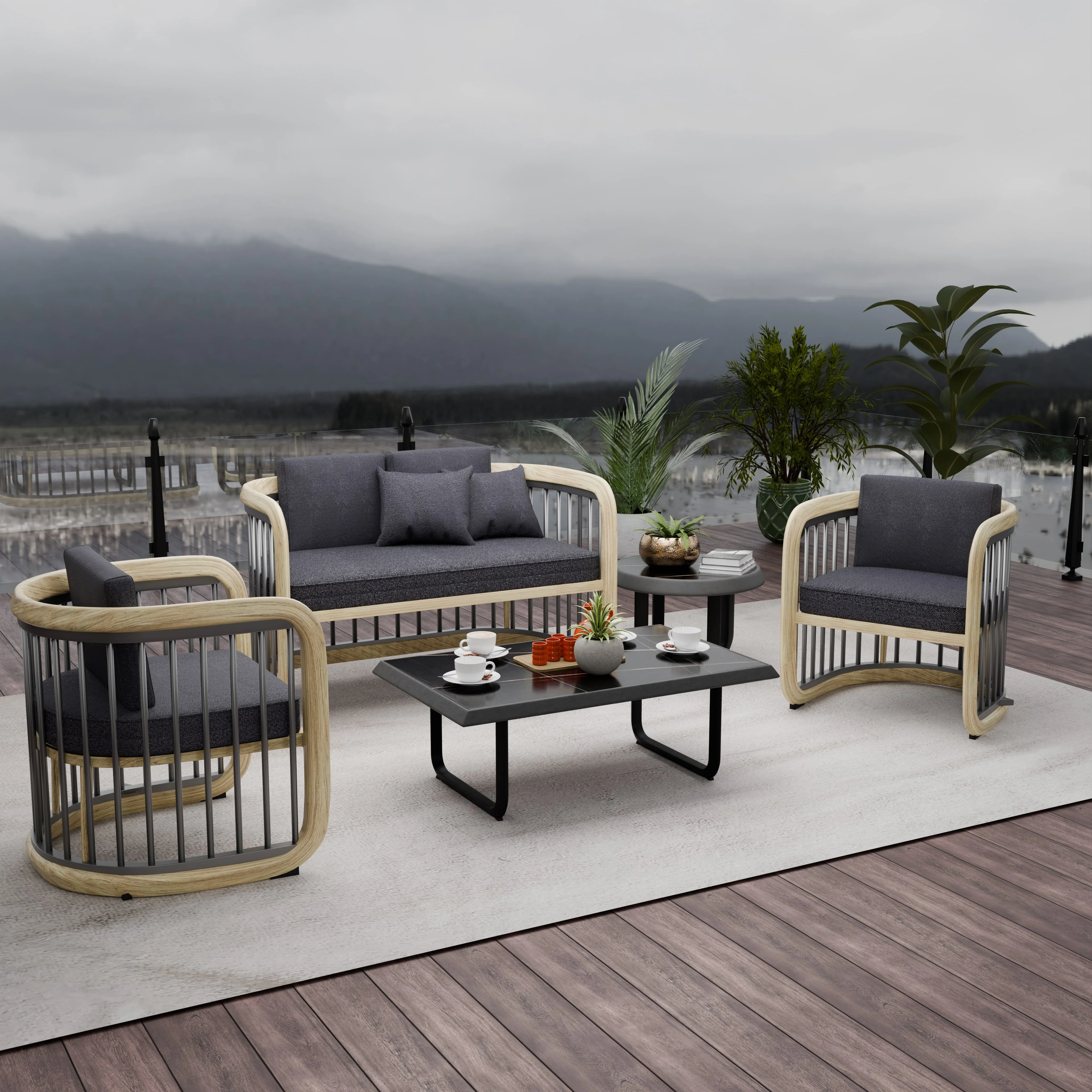 Klyra 5-Piece Aluminum Conversation Set with 2 accent chair, sofa, coffee table, side table in Grey