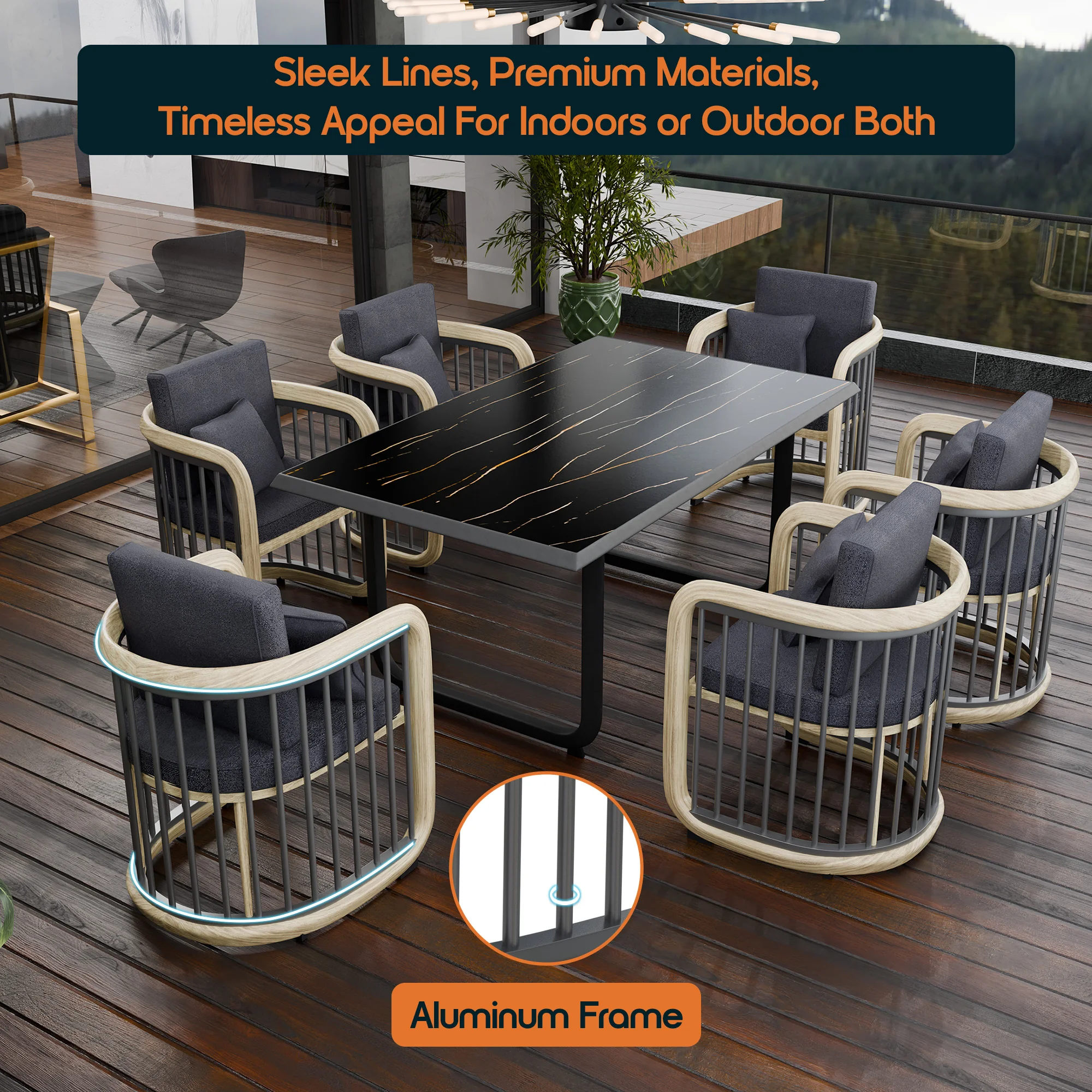 Klyra 7-Piece Aluminum Dining Set with 1 Rectangular Dining Table and 6 Dining Chairs in Grey