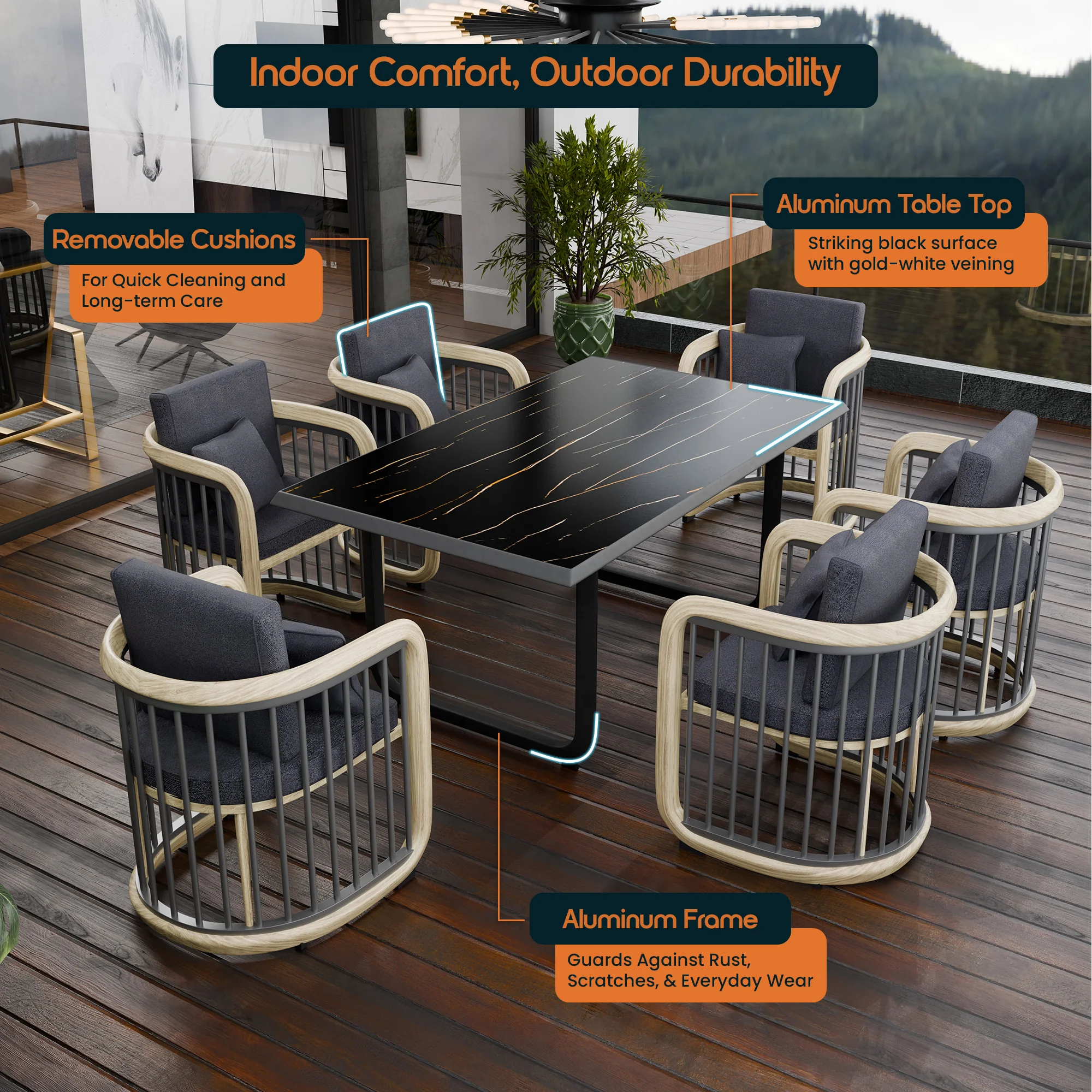 Klyra 7-Piece Aluminum Dining Set with 1 Rectangular Dining Table and 6 Dining Chairs in Grey