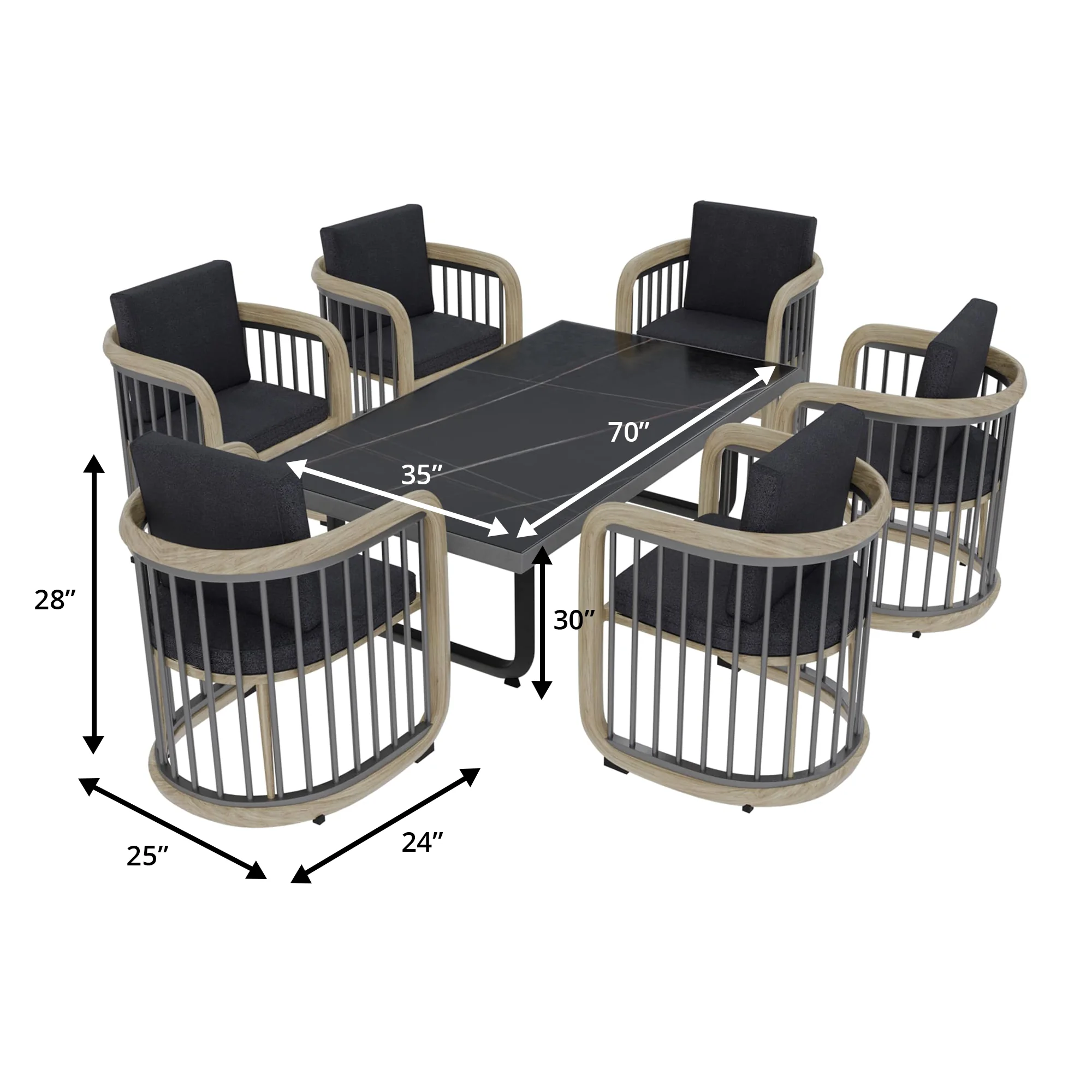 Klyra 7-Piece Aluminum Dining Set with 1 Rectangular Dining Table and 6 Dining Chairs in Grey