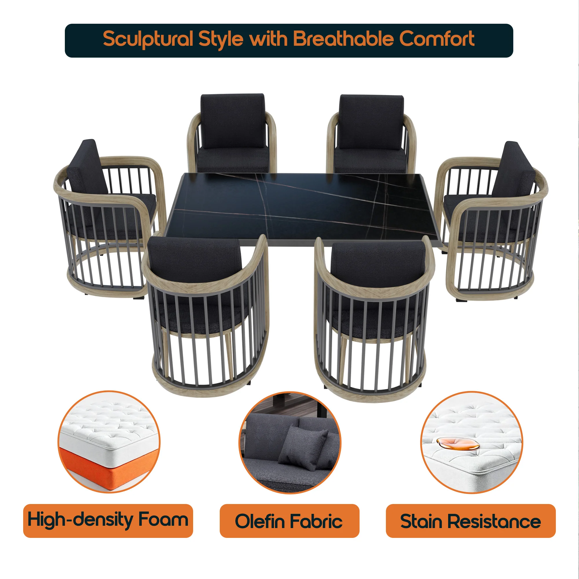 Klyra 7-Piece Aluminum Dining Set with 1 Rectangular Dining Table and 6 Dining Chairs in Grey