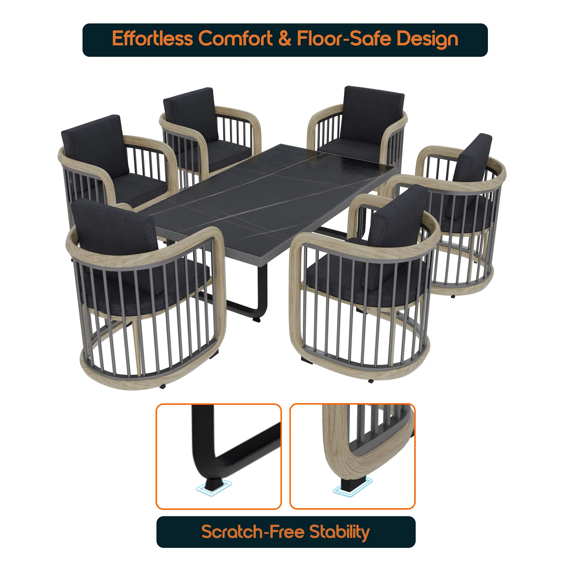 Klyra 7-Piece Aluminum Dining Set with 1 Rectangular Dining Table and 6 Dining Chairs in Grey