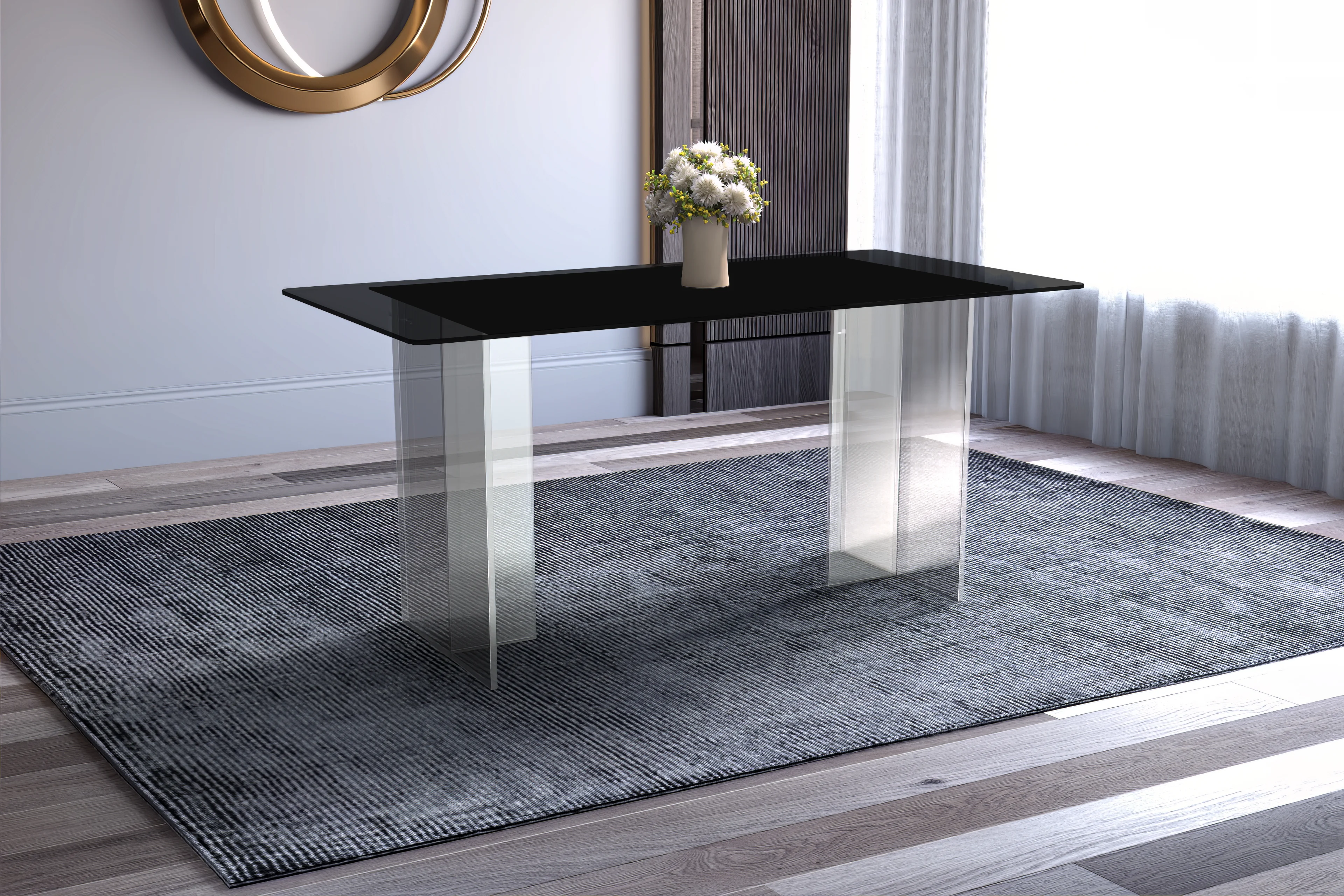 Kova Series Dining Table, Clear Base with 55" Black Glass Top