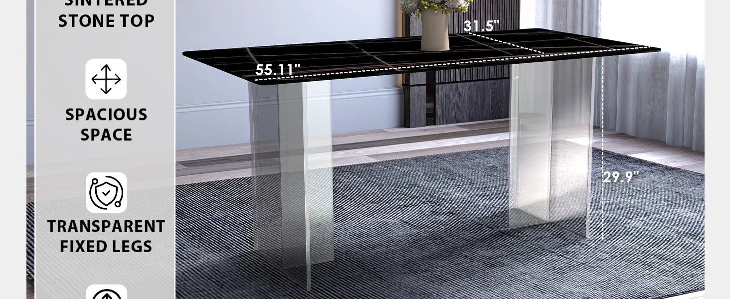 Kova Series Dining Table, Clear Base with 55" Black/Gold Sintered Stone Top