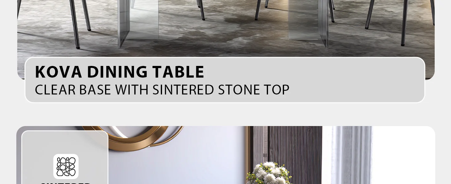 Kova Series Dining Table, Clear Base with 55" White Grey Sintered Stone Top