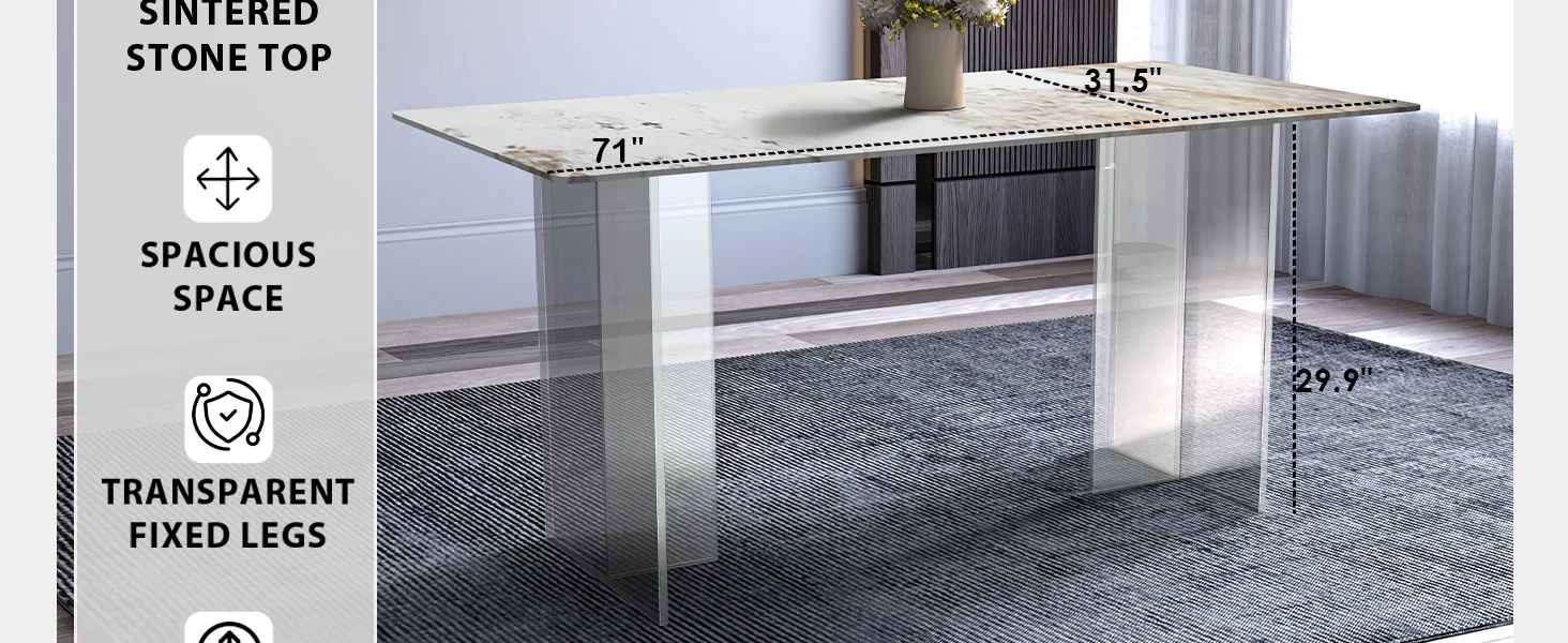 Kova Series Dining Table, Clear Base with 55" White Grey Sintered Stone Top