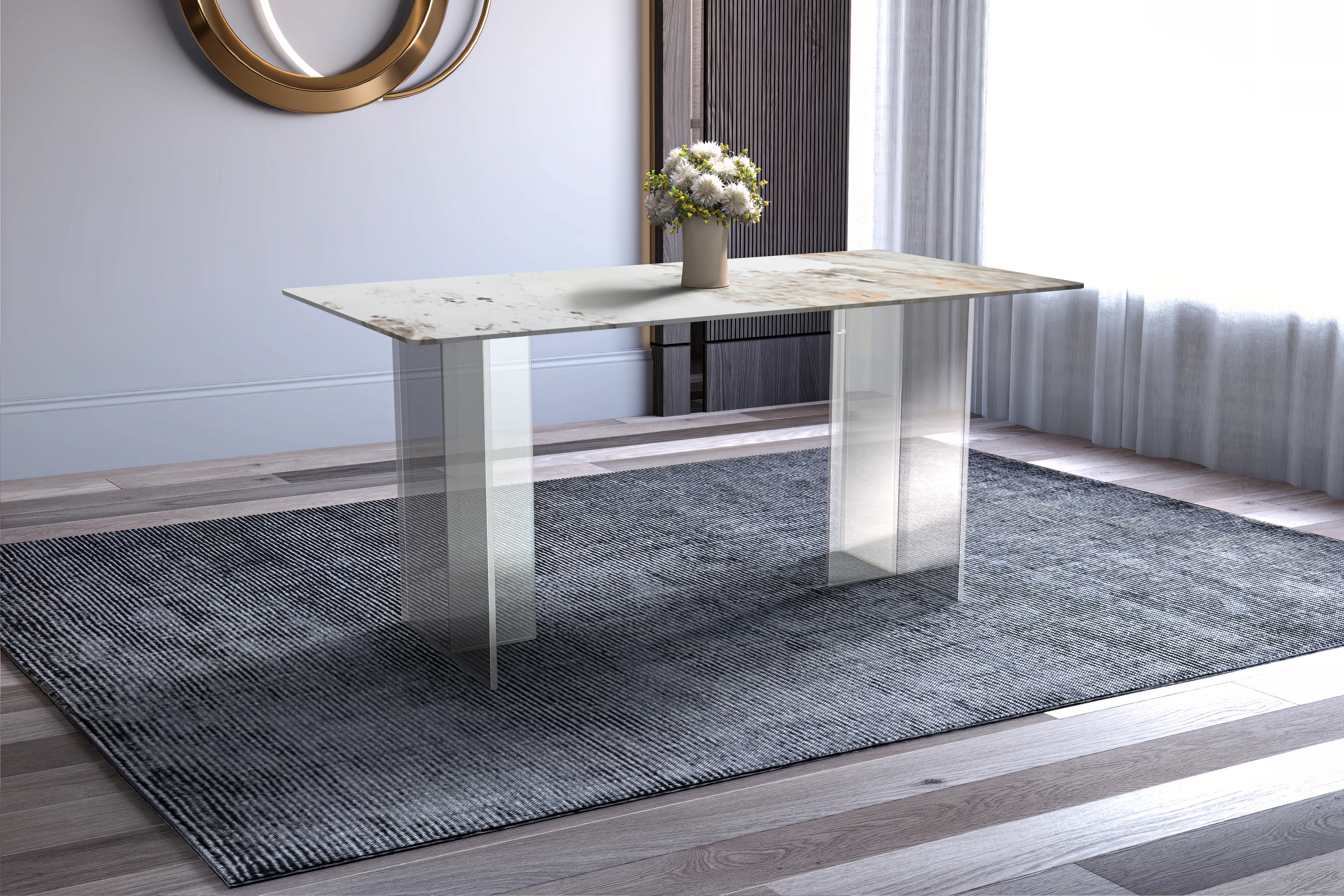 Kova Series Dining Table, Clear Base with 55" White Grey Sintered Stone Top