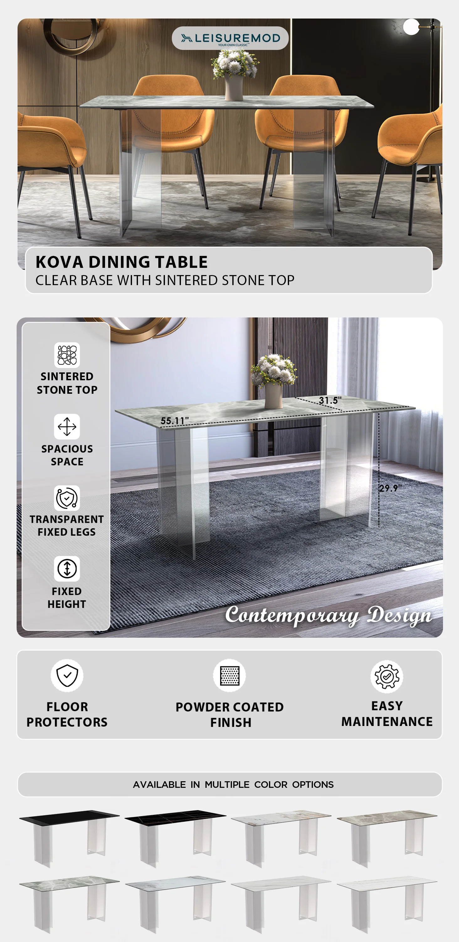 Kova Series Dining Table, Clear Base with 55" Light Grey Sintered Stone Top