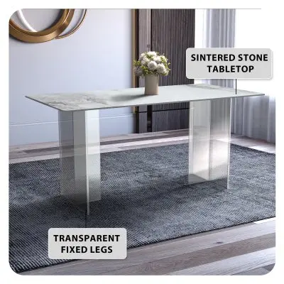 Kova Series Dining Table, Clear Base with 55" Medium Grey Sintered Stone Top