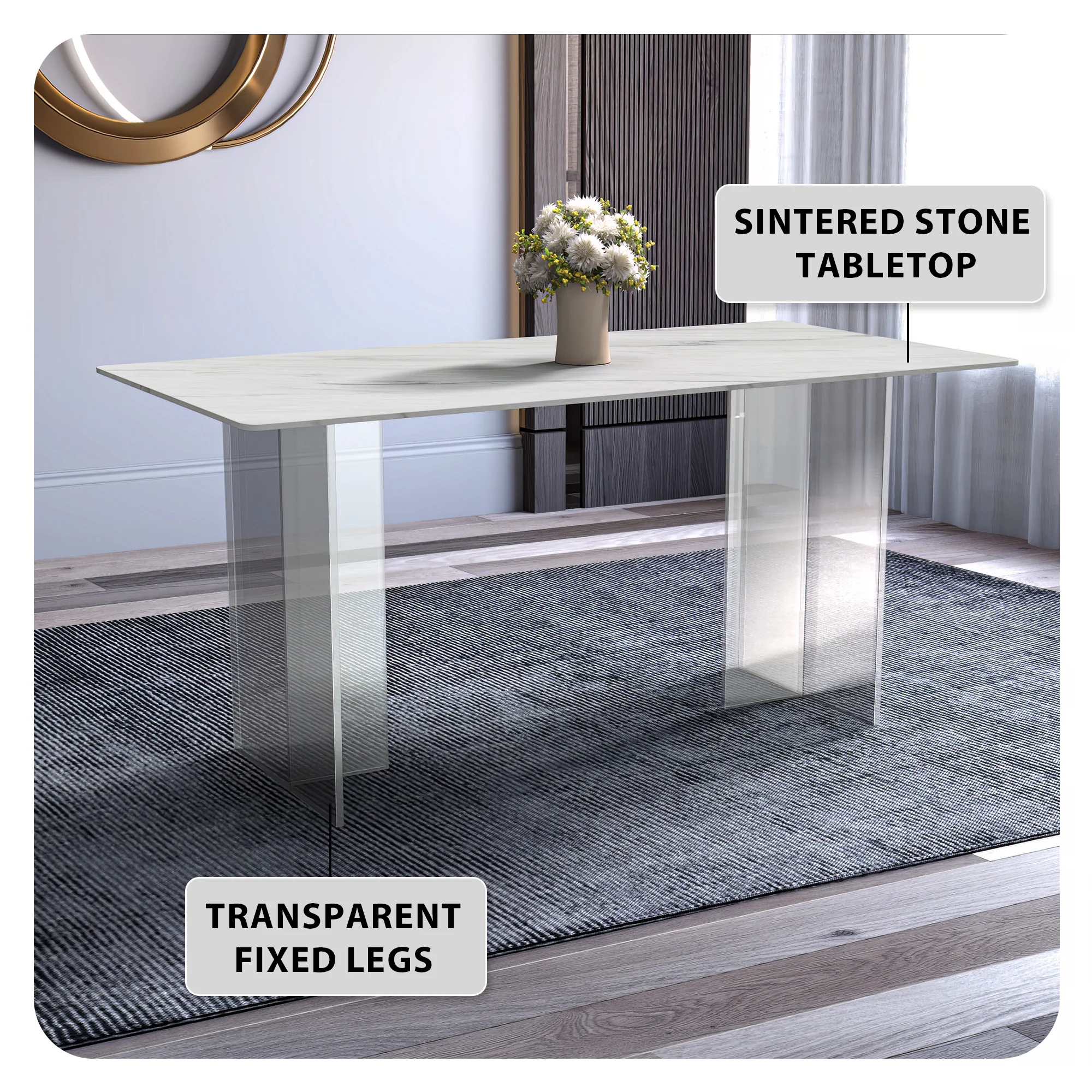 Kova Series Dining Table, Clear Base with 55" White Sintered Stone Top