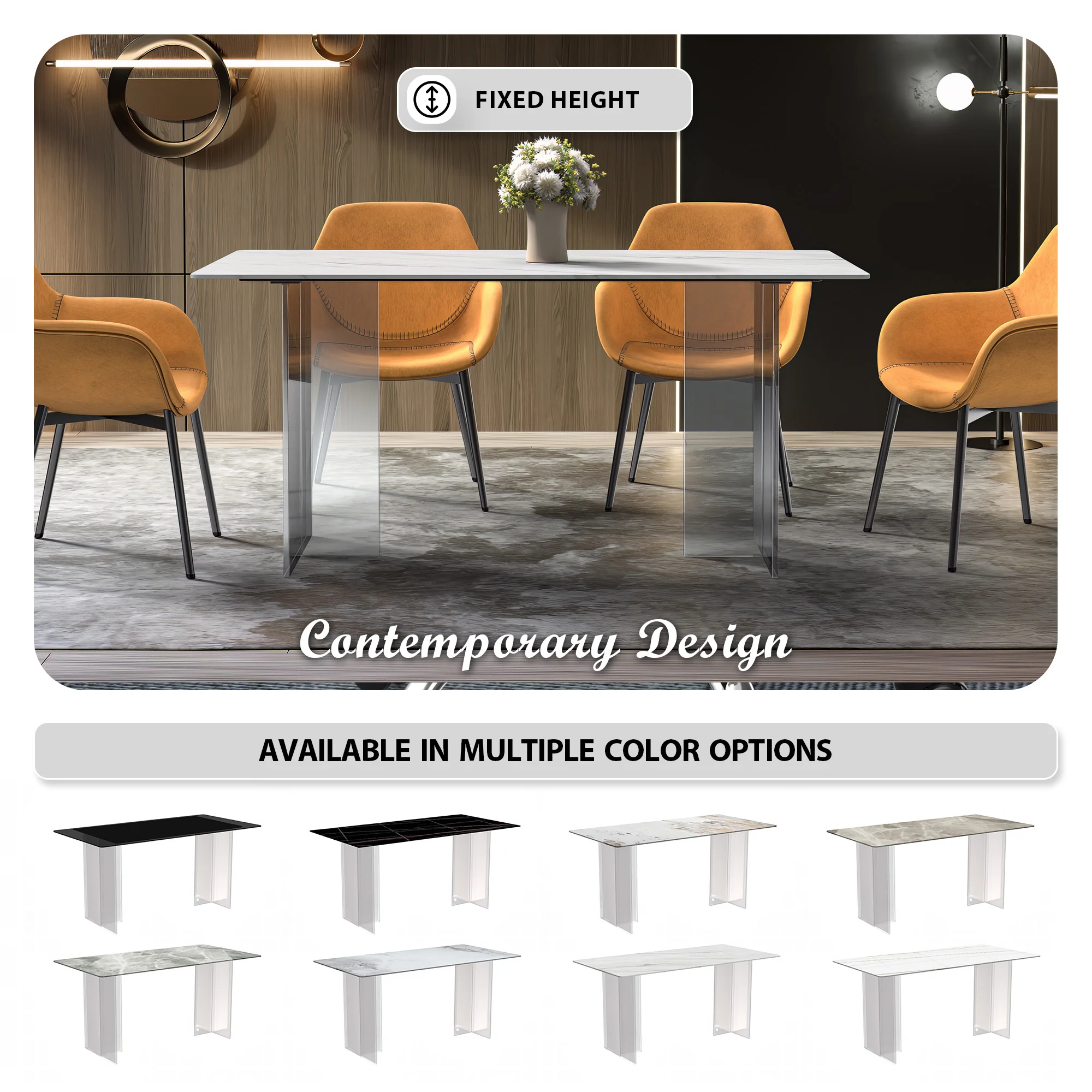Kova Series Dining Table, Clear Base with 55" White Sintered Stone Top