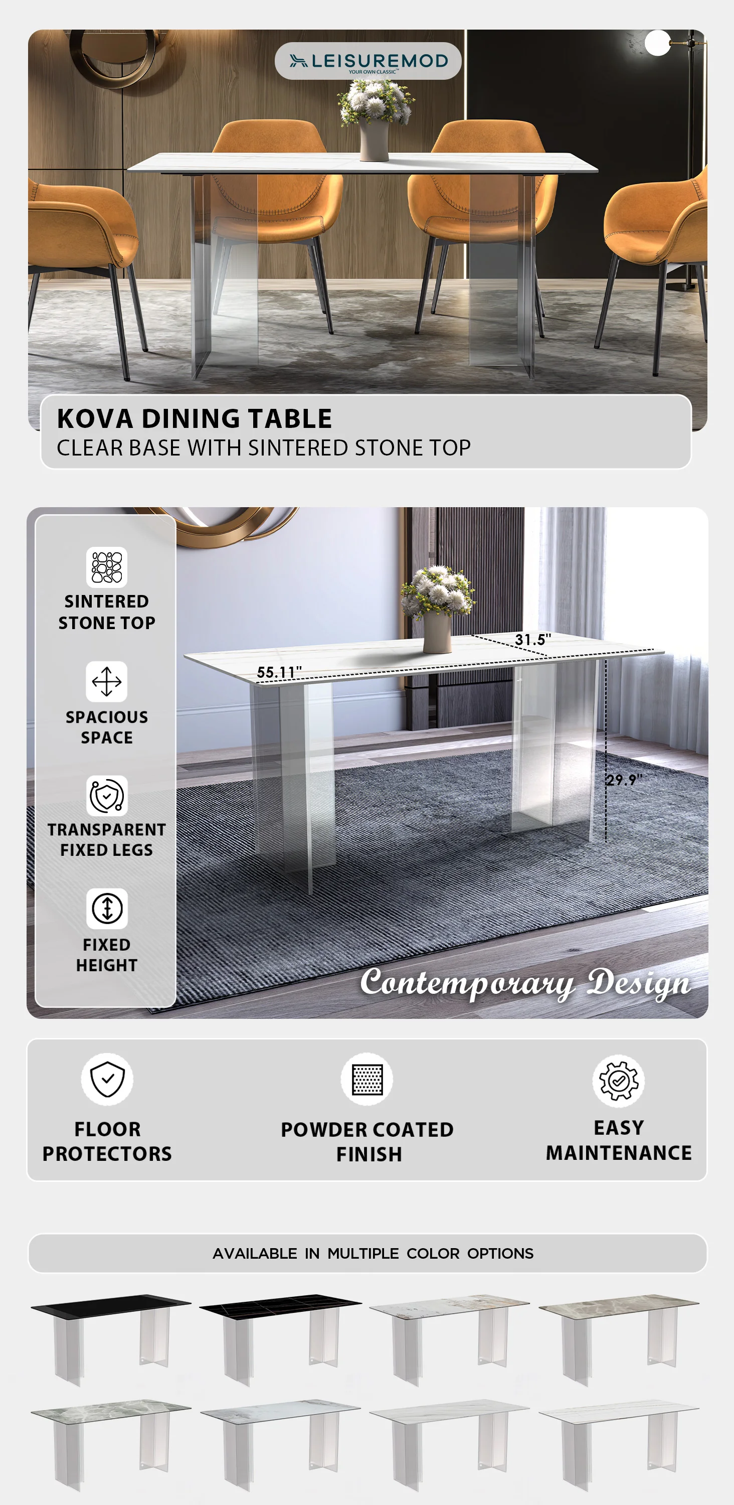 Kova Series Dining Table, Clear Base with 55" White/Gold Sintered Stone Top