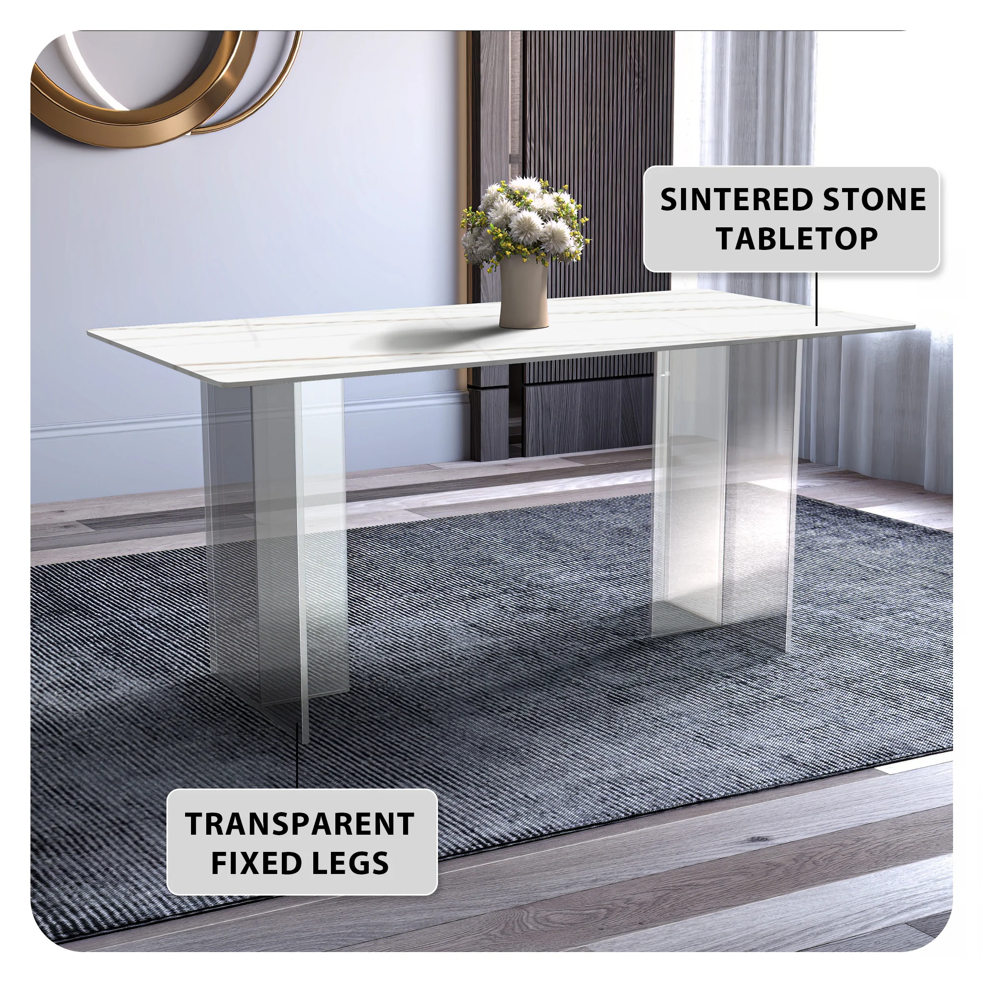 Kova Series Dining Table, Clear Base with 55" White/Gold Sintered Stone Top