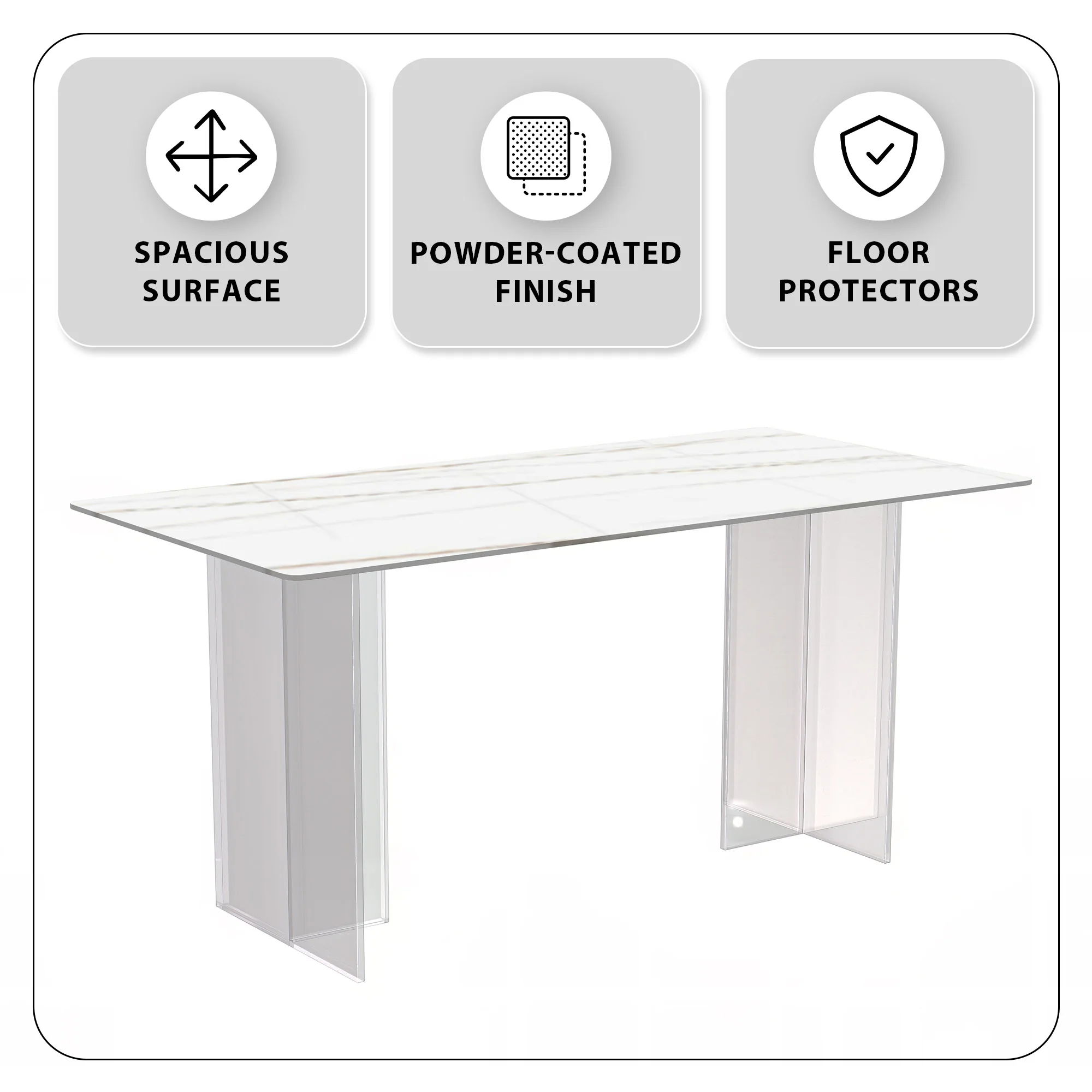Kova Series Dining Table, Clear Base with 55" White/Gold Sintered Stone Top