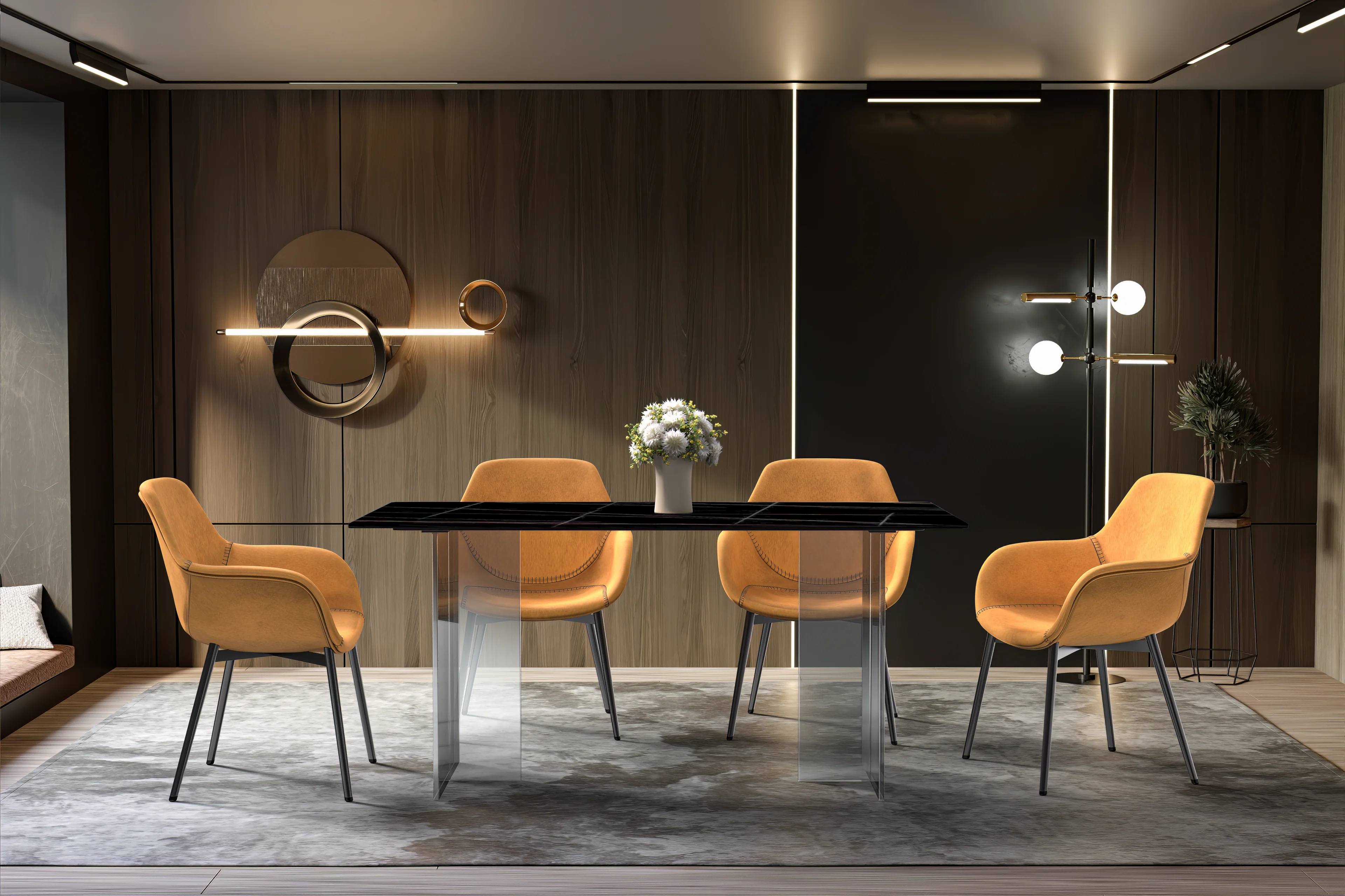 Kova Series Dining Table, Clear Base with 62" Black/Gold Sintered Stone Top