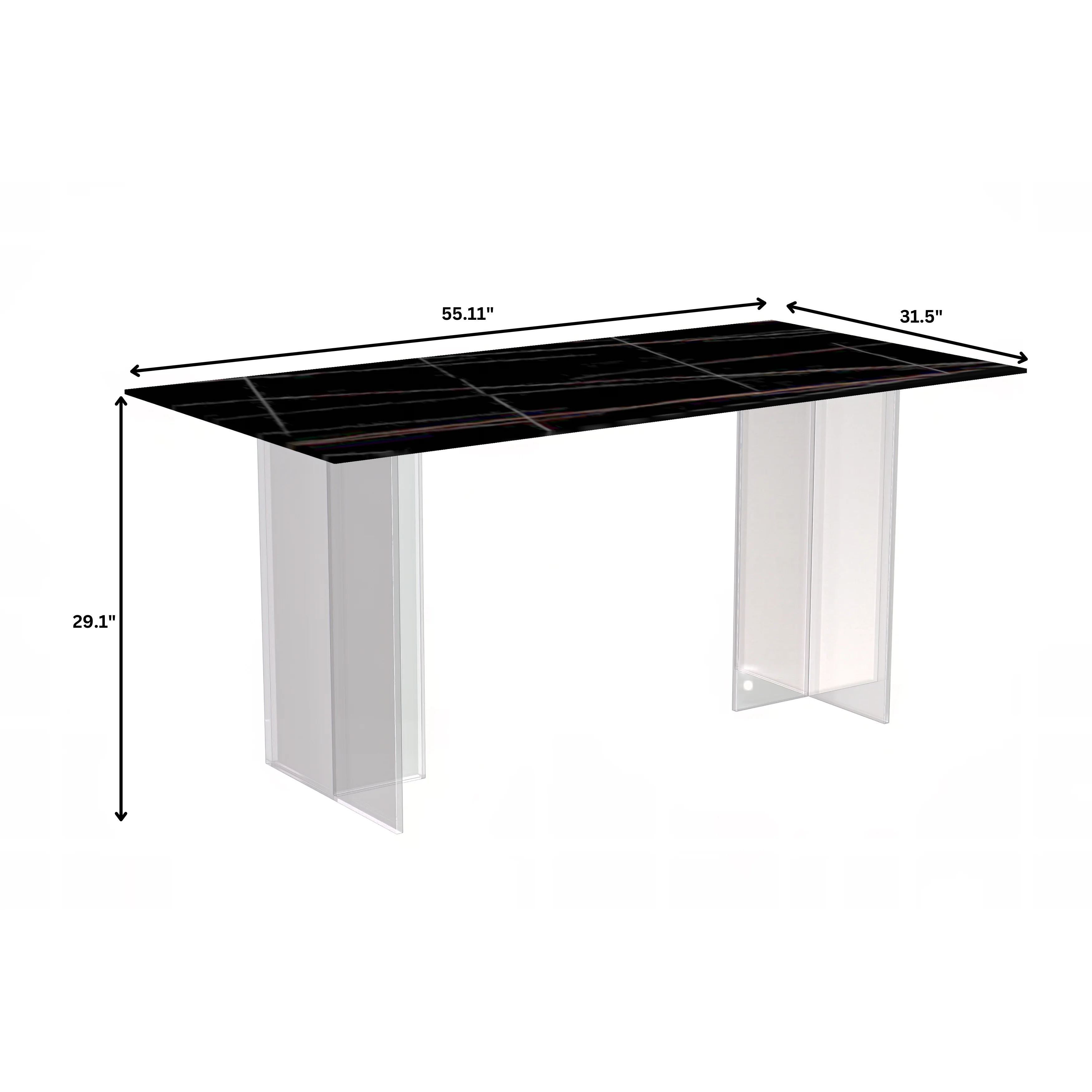 Kova Series Dining Table, Clear Base with 62" Black/Gold Sintered Stone Top
