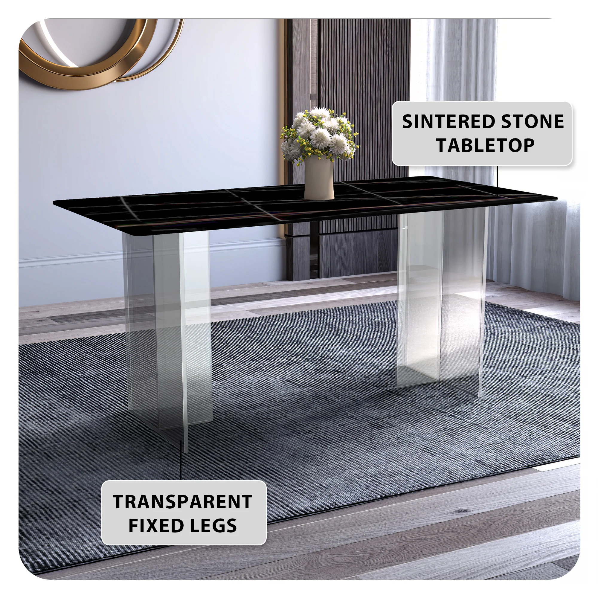 Kova Series Dining Table, Clear Base with 62" Black/Gold Sintered Stone Top