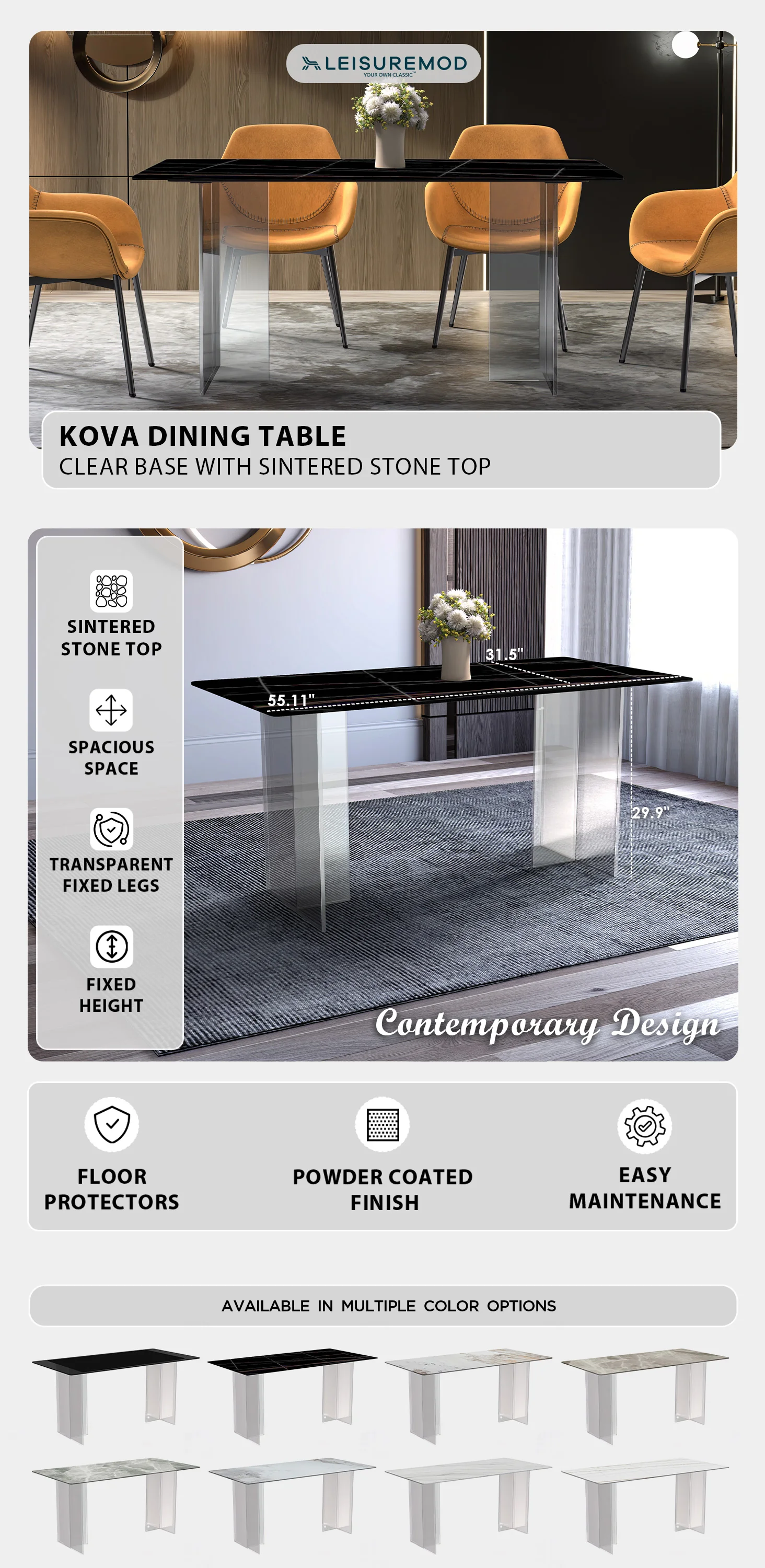 Kova Series Dining Table, Clear Base with 62" Black/Gold Sintered Stone Top